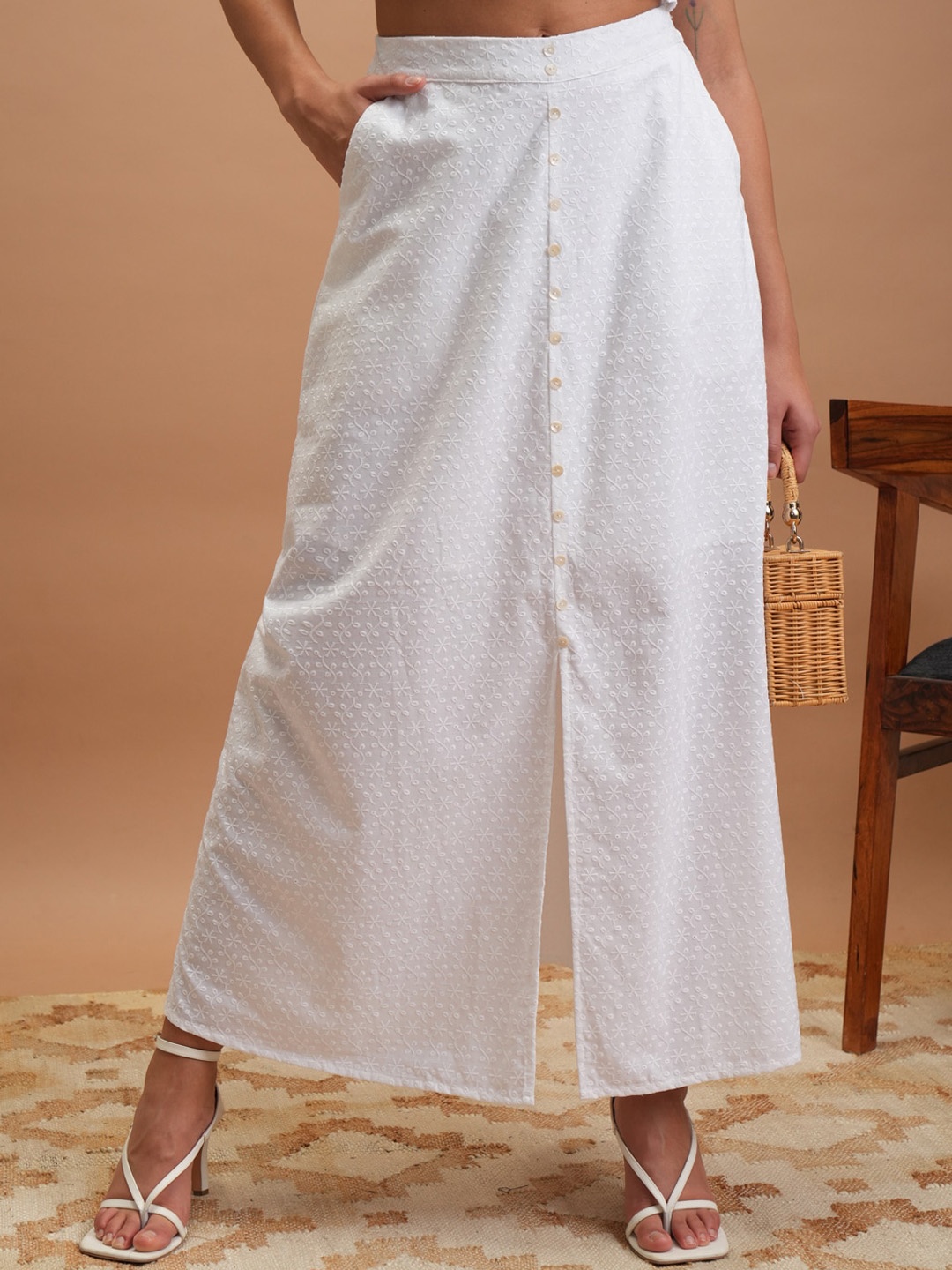 

Vishudh White Embroidered Midi Skirt