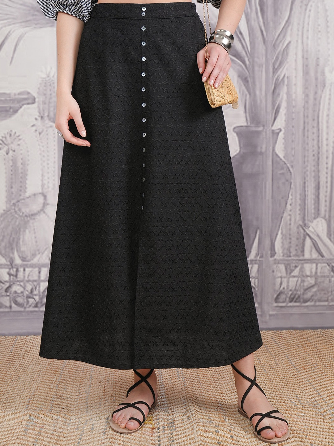 

Vishudh Black Schiffli Gathered A-Line Midi Skirt