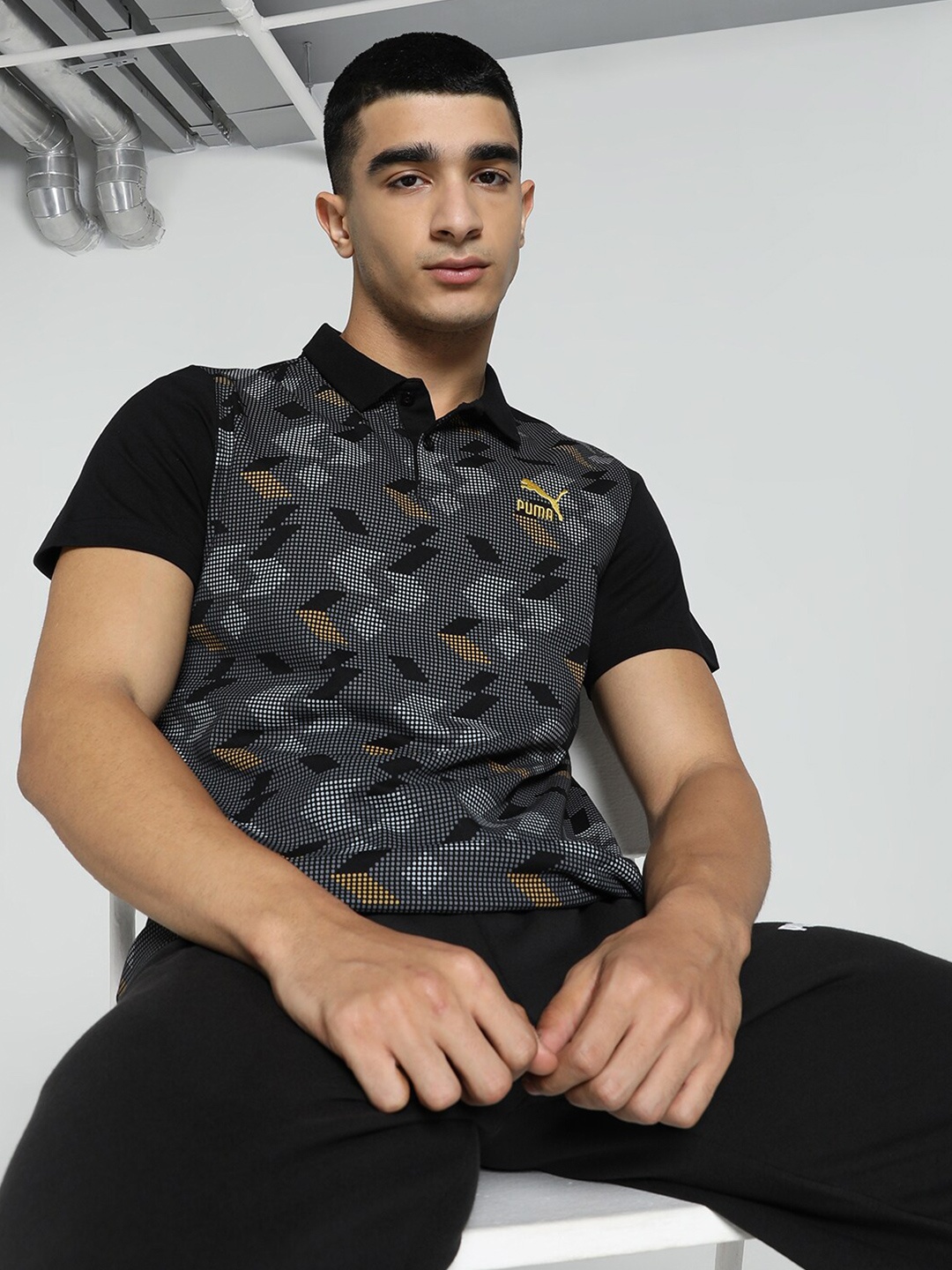 

Puma Classics Elevated Printed Slim-Fit Polo Collar Cotton T-Shirt, Black