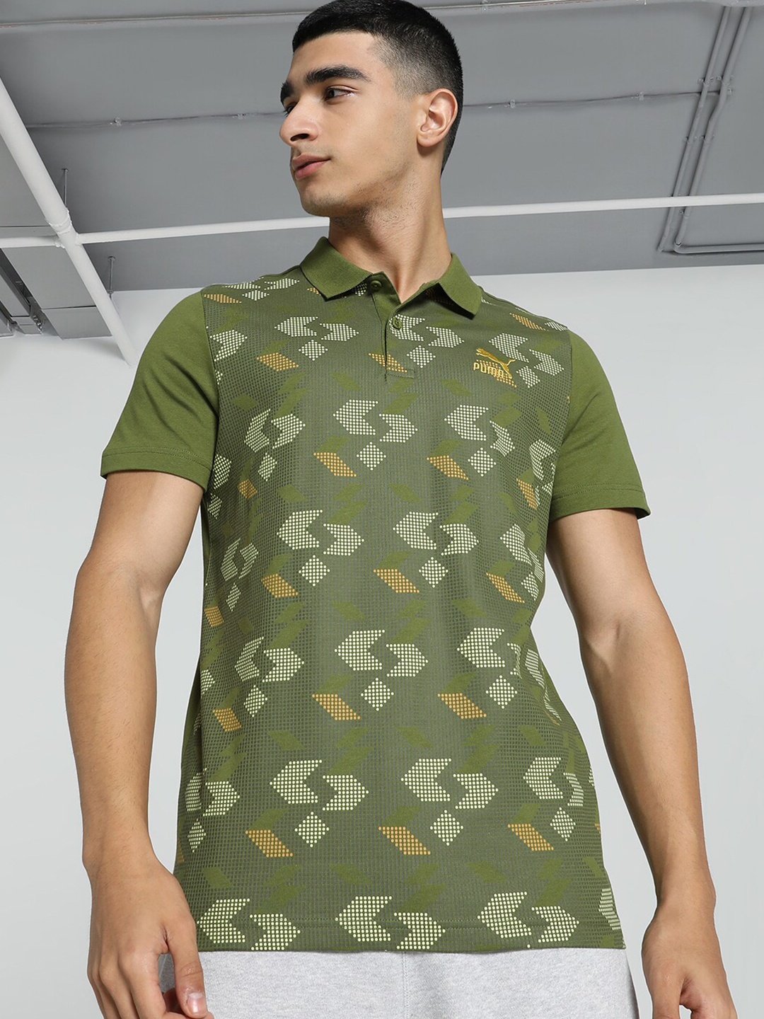 

Puma Classics Elevated Printed Slim Fit Polo T-shirt, Olive