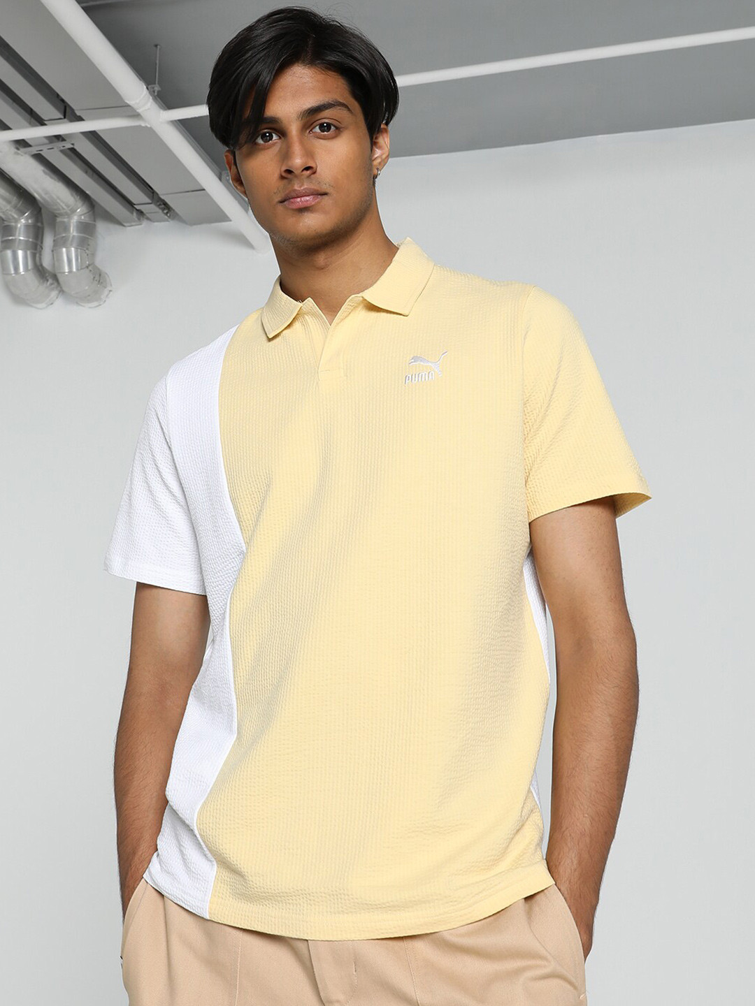 

Puma Men Classics Seersucker Colorblock Cotton Polo Tshirt, Beige