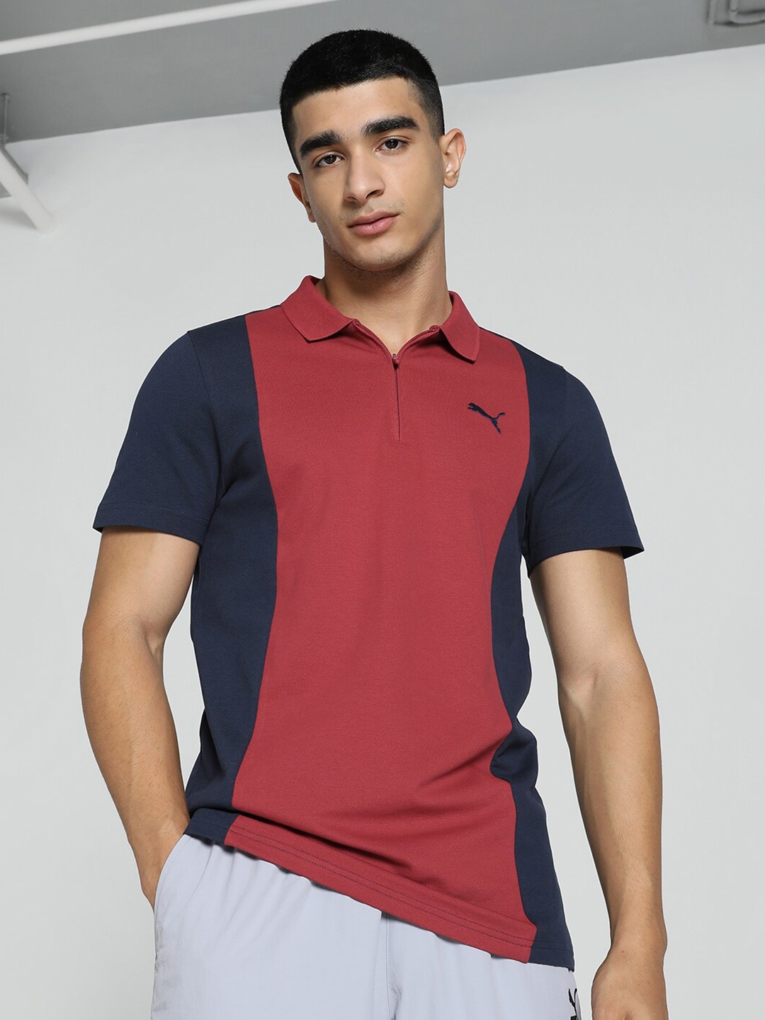 Puma Men Elevated Colorblock Cotton Slim Fit Polo Tshirts, Maroon