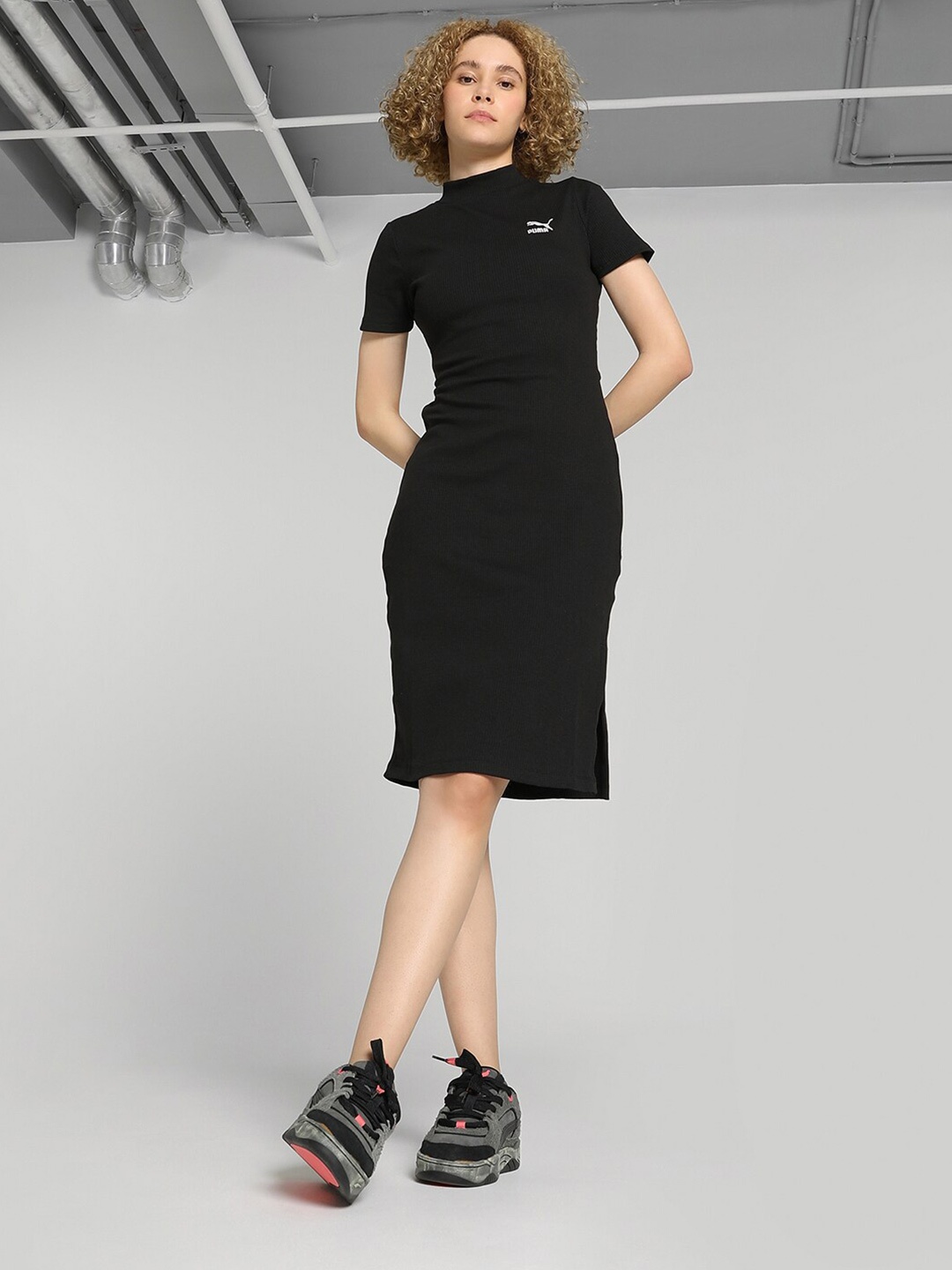 

Puma Classics Ribbed Mock Neck Cut-Outs Cotton Sheath Dress, Black