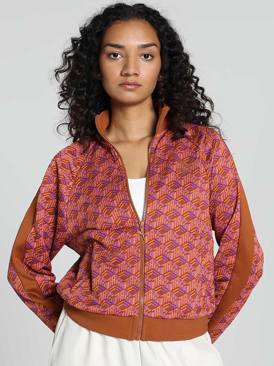 

Puma T7 Geometric Printed Relaxed-Fit Mock Collar Tailored Jacket, Brown