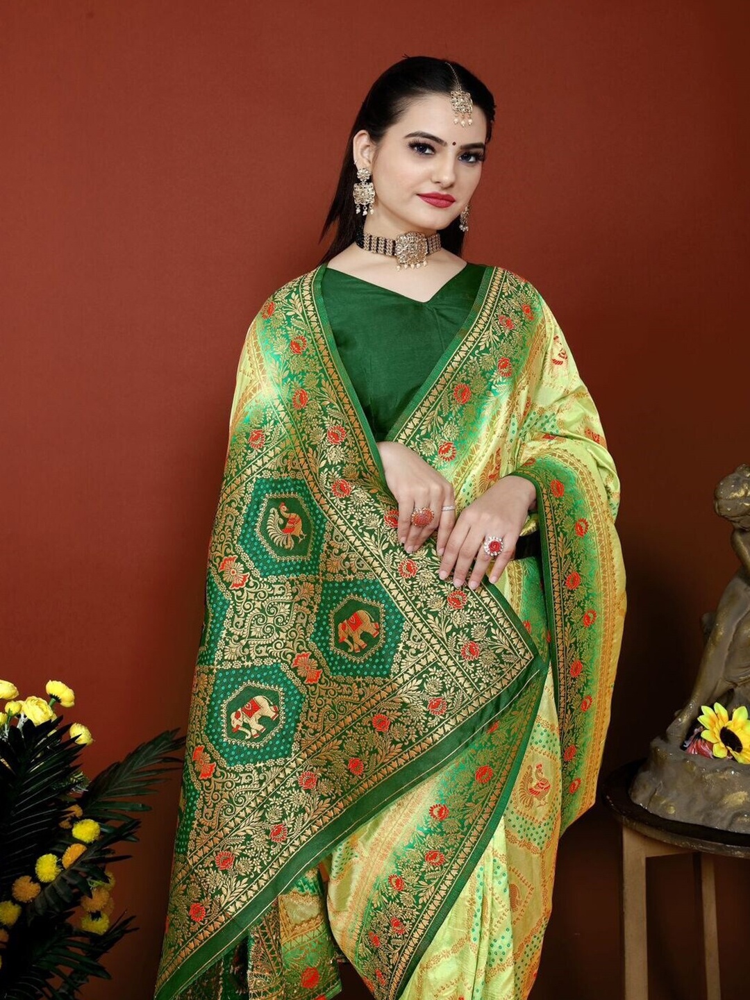 

Sadika Ethnic Motifs Woven Design Zari Banarasi Saree, Fluorescent green