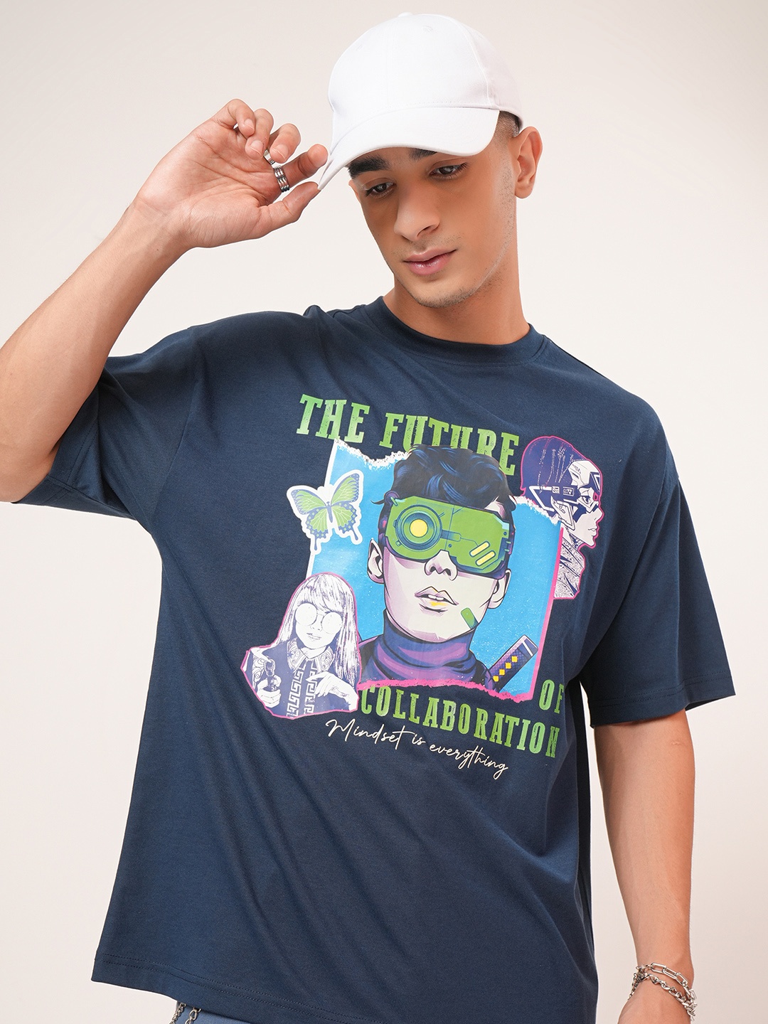 

HIGHLANDER Graphic Printed Drop-Shoulder Sleeves Oversized T-shirt, Navy blue
