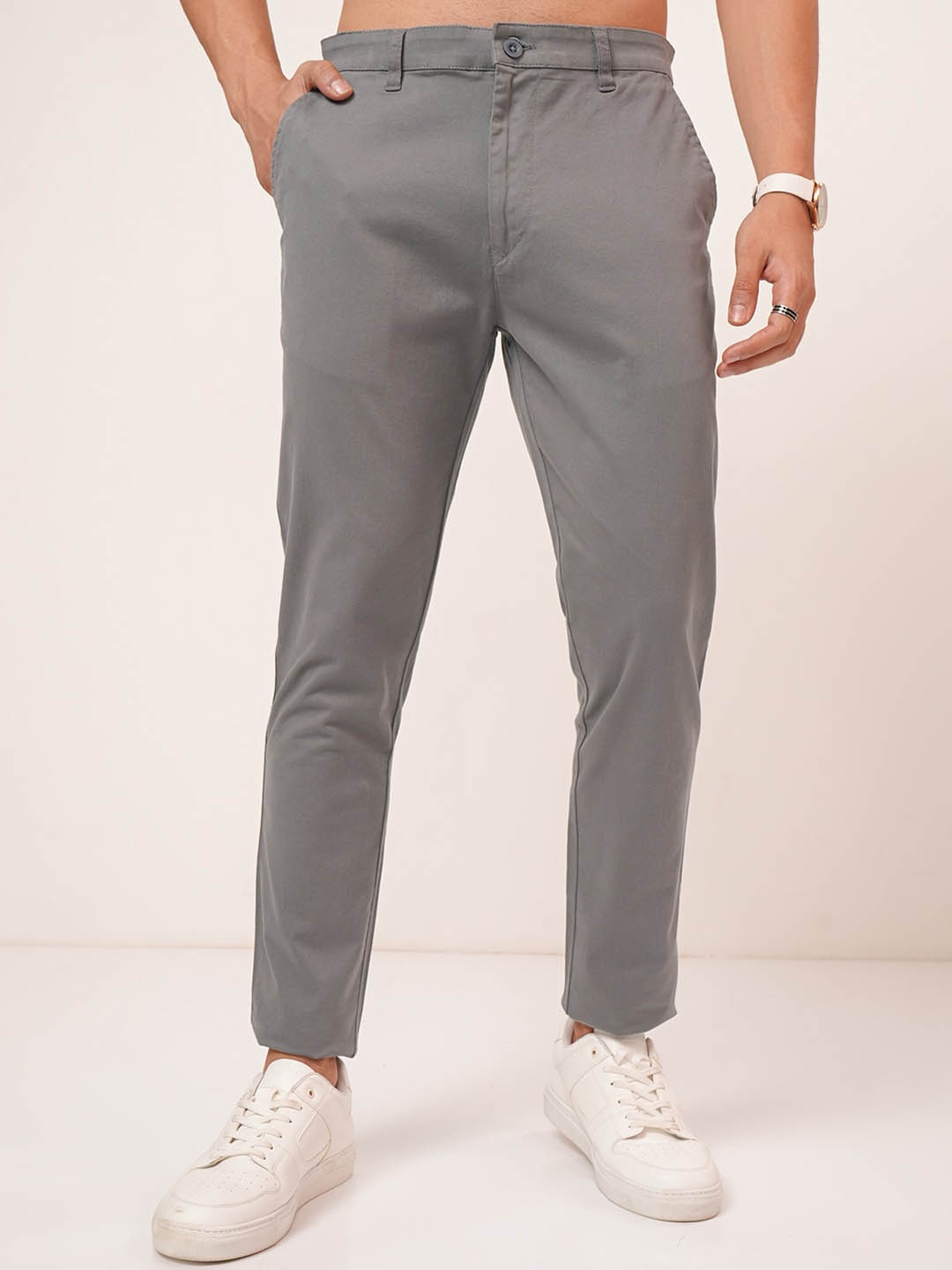 HIGHLANDER Men Soft Feel Twill Chino Trousers, Grey