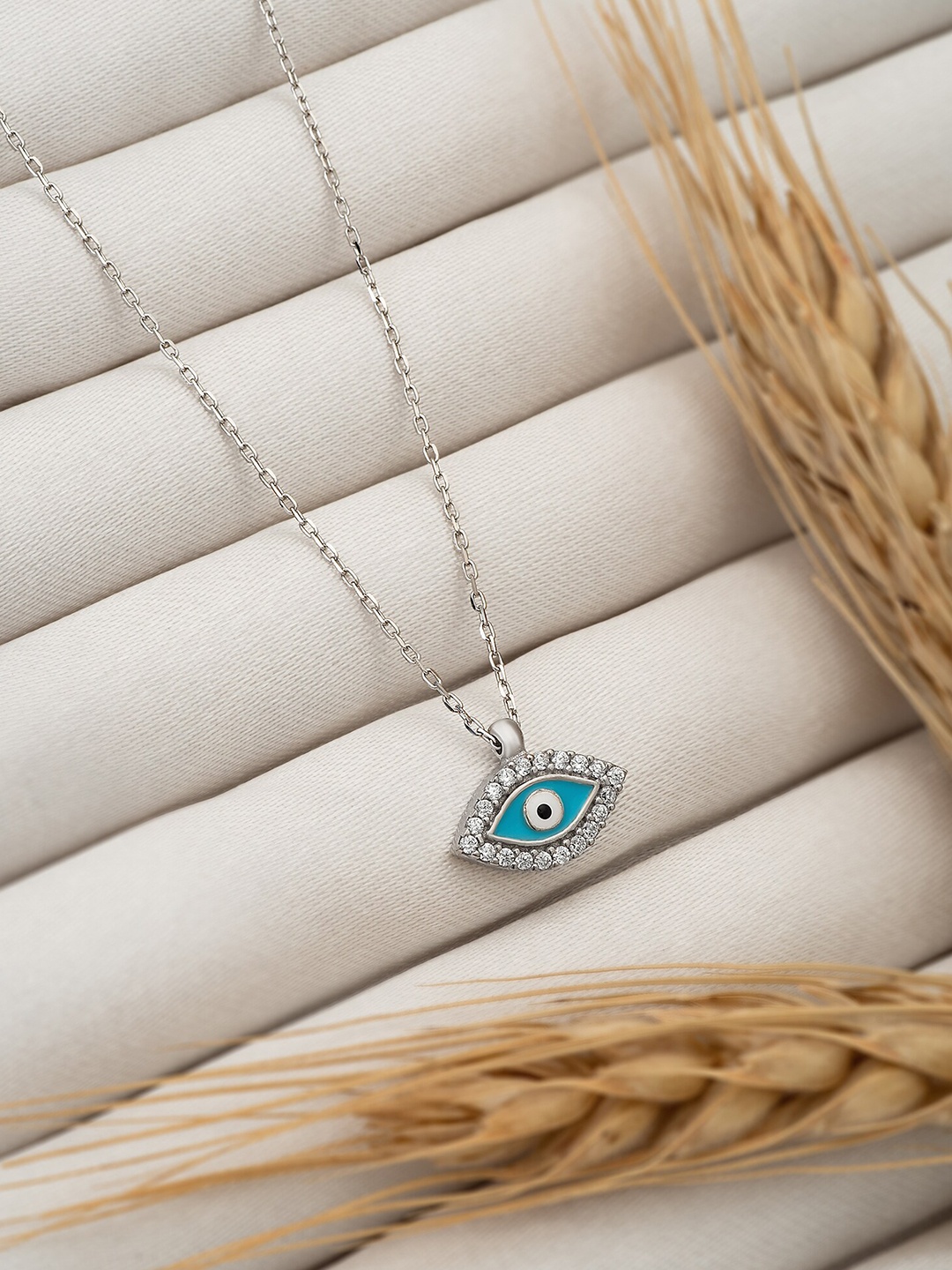 SILBERRY 925 Sterling Silver Cubic Zirconia-Studded Evil Eye Pendant With Chain