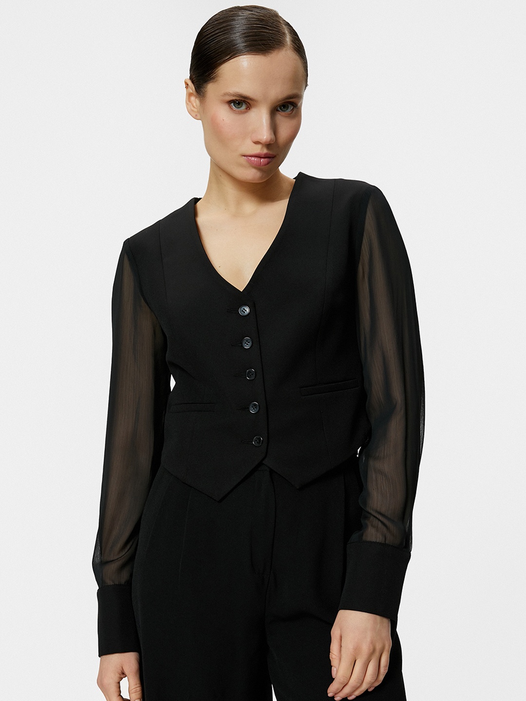 

Koton V-Neck Long Sleeves Woven Casual Waistcoat, Black