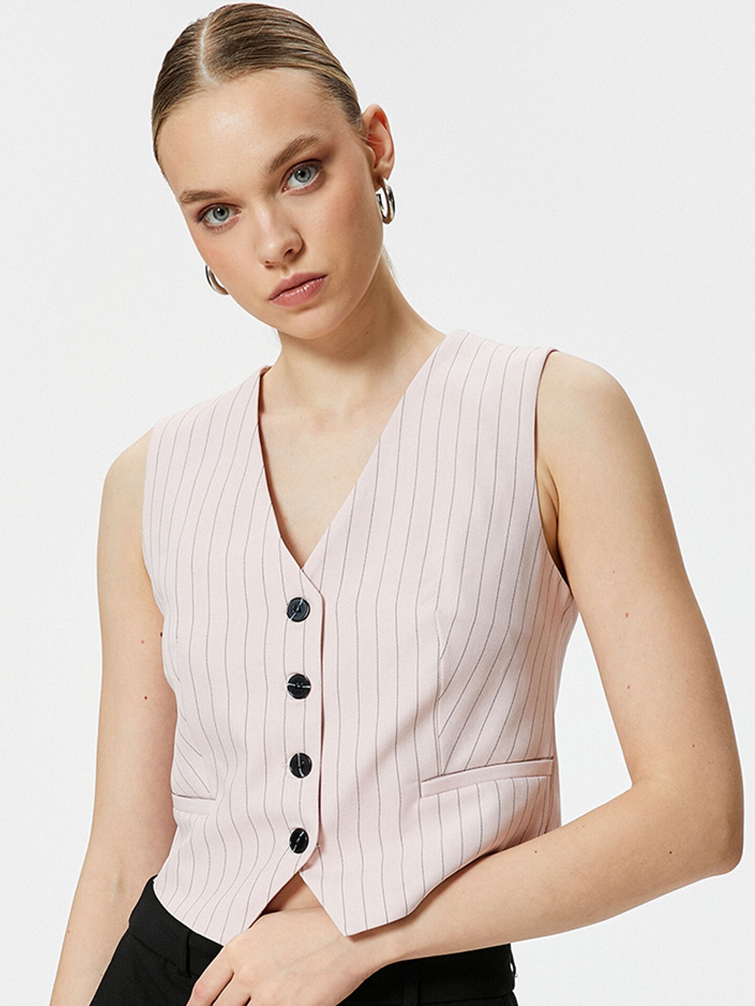 

Koton Striped V-Neck Sleeveless Casual Waistcoat, Pink