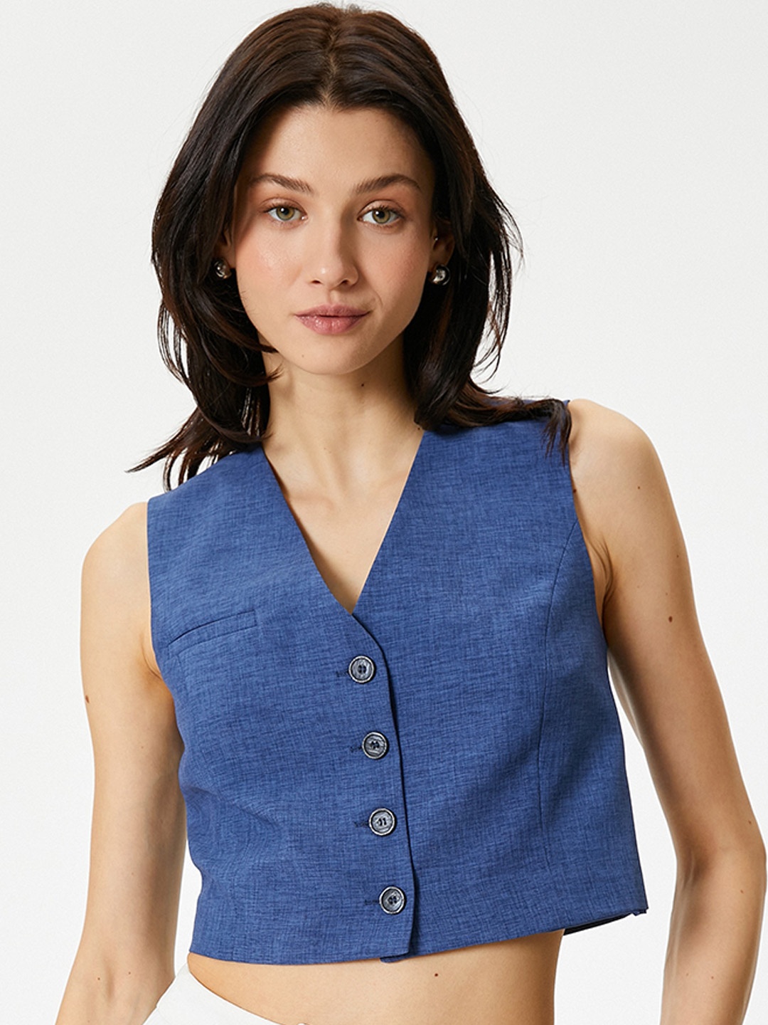 

Koton Woven V-Neck Waistcoat, Blue