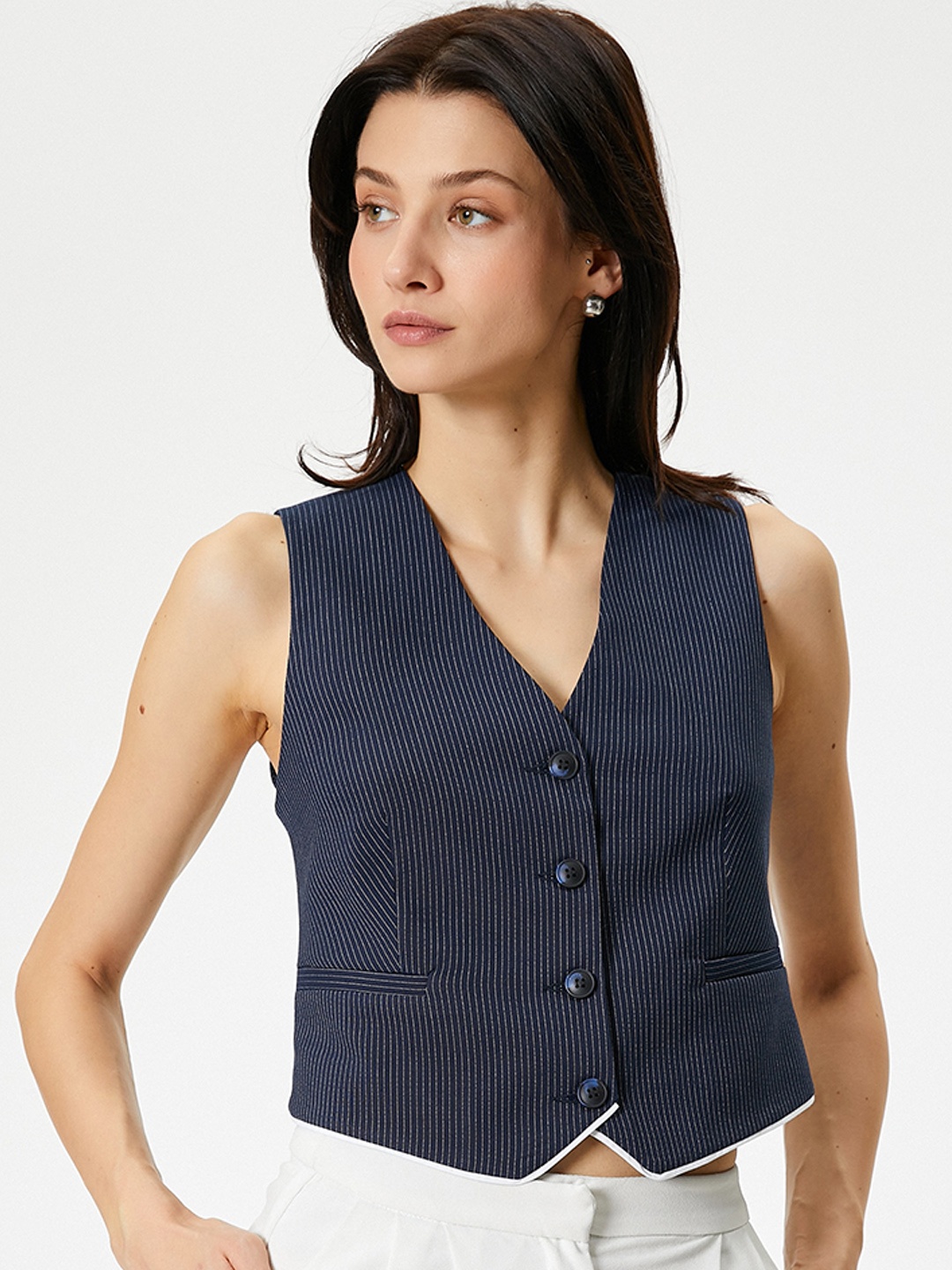 Koton Striped V-Neck Waistcoat, Navy blue
