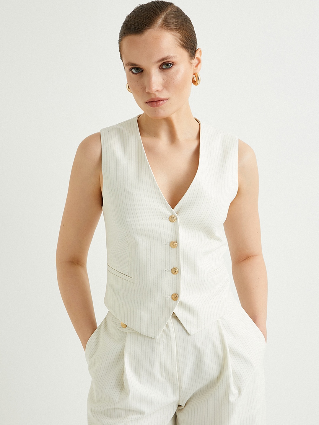 

Koton Striped V-Neck Waistcoat, Beige