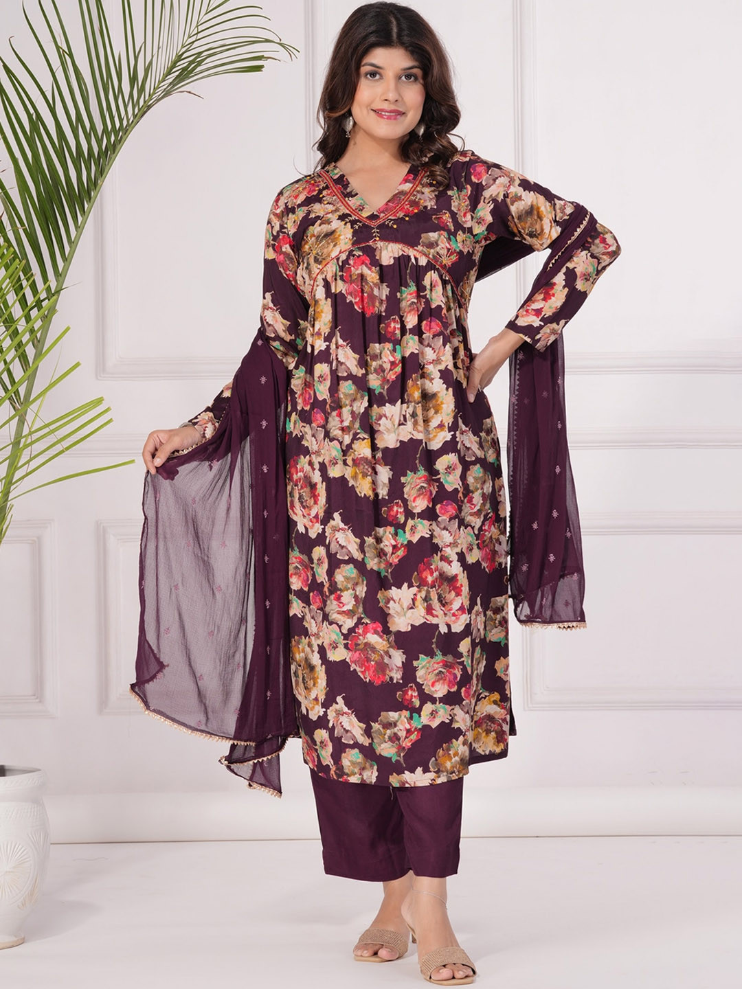 

KALINI Women Ethnic Motifs Yoke Design Regular Beads and Stones Pure Silk Kurta with Trousers & With Dupatta, Brown