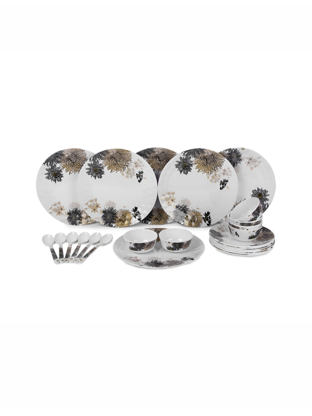 

AEMAHARANI White & Black 24-Pcs Printed Melamine Dinner Set