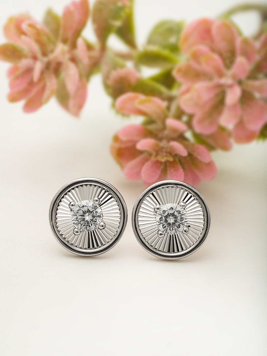 

SILBERRY 925 Sterling Silver Rhodium-Plated Cubic Zirconia Studded Circular Studs Earrings