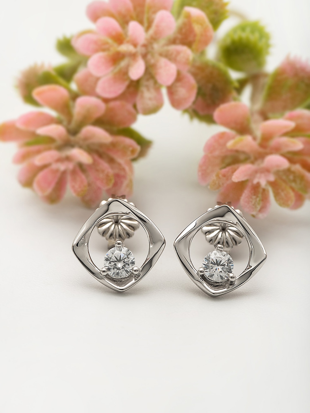 

SILBERRY 925 Sterling Silver Rhodium-Plated Cubic Zirconia Studded Stud Earrings