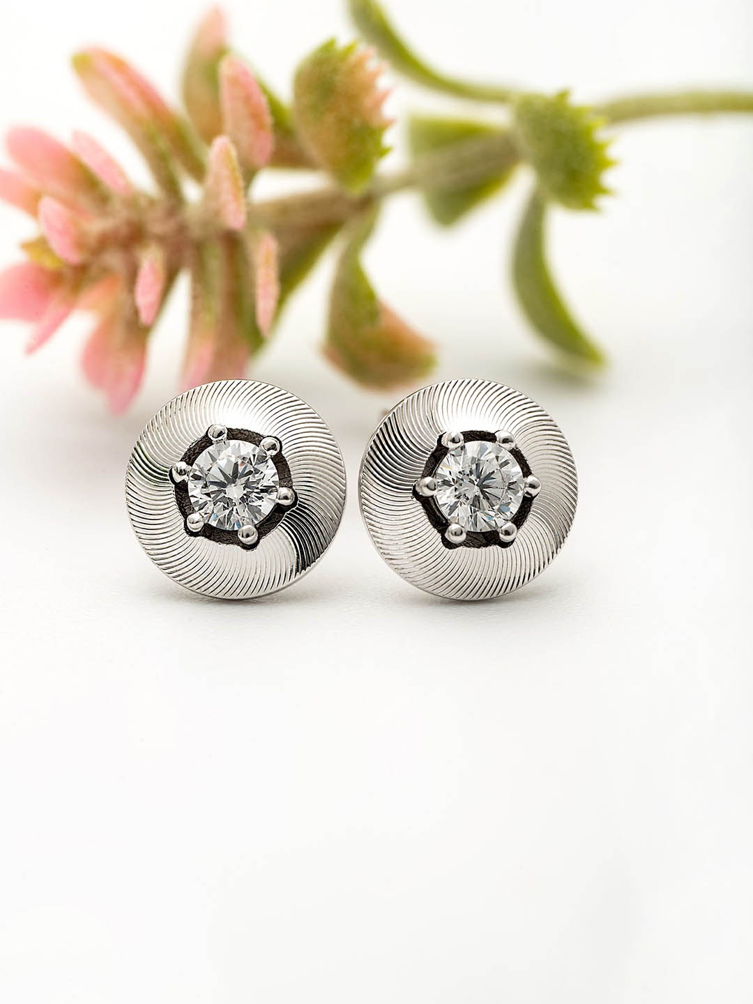 

SILBERRY 925 Sterling Silver Rhodium-Plated Cubic Zirconia Studded Circular Studs Earrings