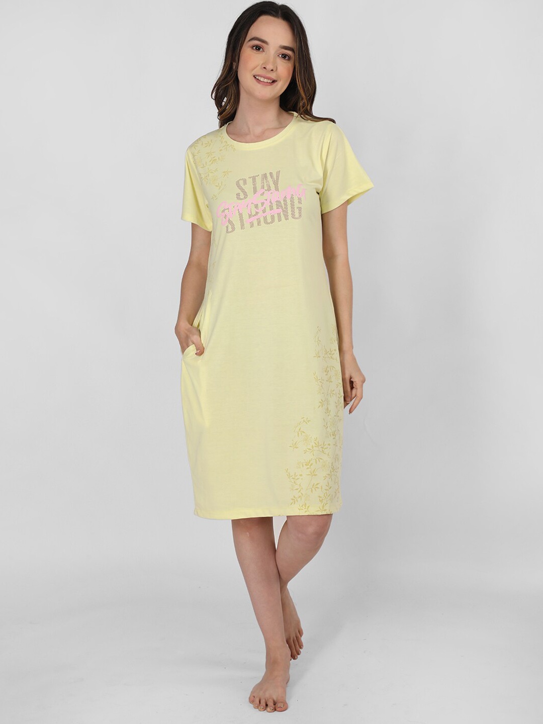 Duchess Typography Printed Round Neck T-shirt Nightdress, Yellow