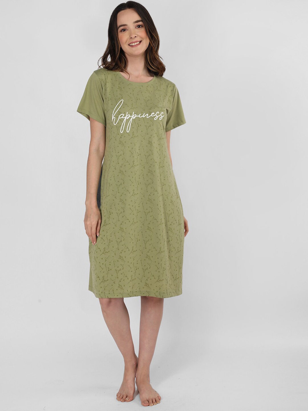 

Duchess Typography Printed Round Neck T-shirt Nightdress, Olive