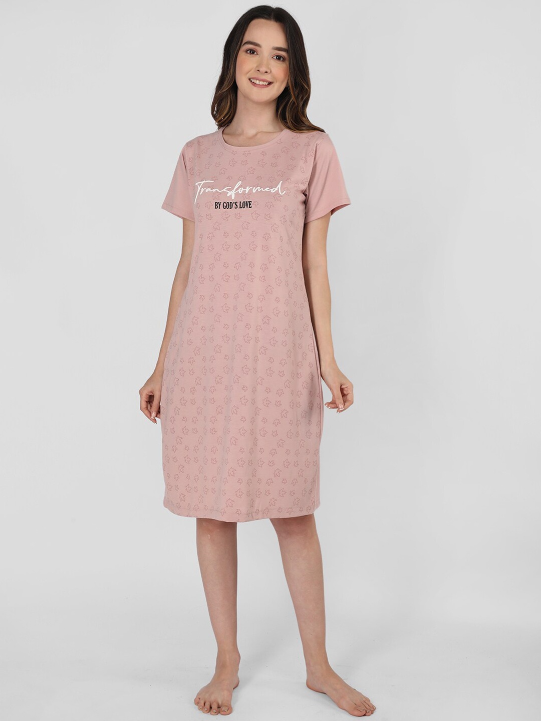 Duchess Typography Printed Round Neck T-shirt Nightdress, Pink