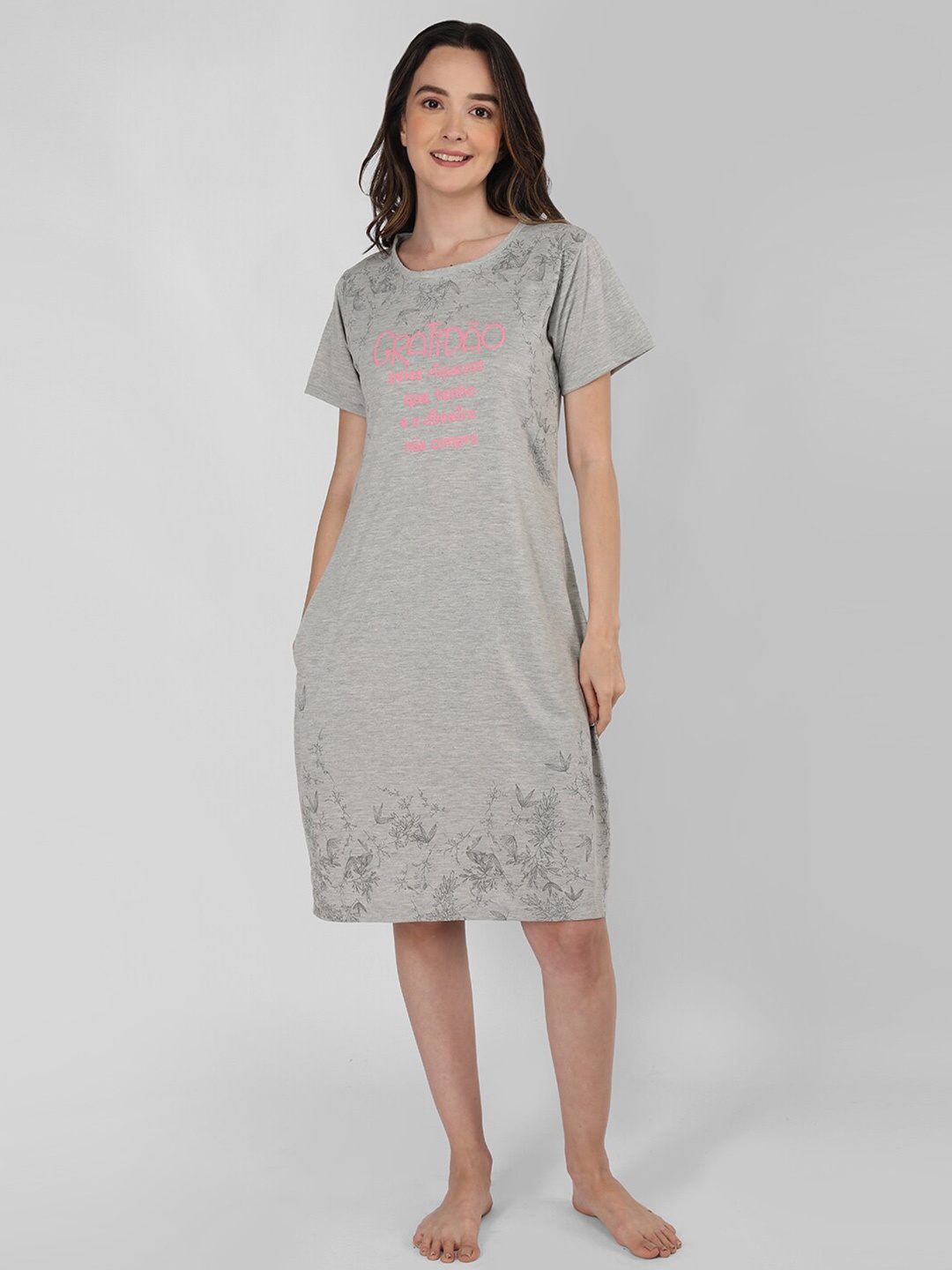 

Duchess Typography Printed Round Neck T-shirt Nightdress, Grey