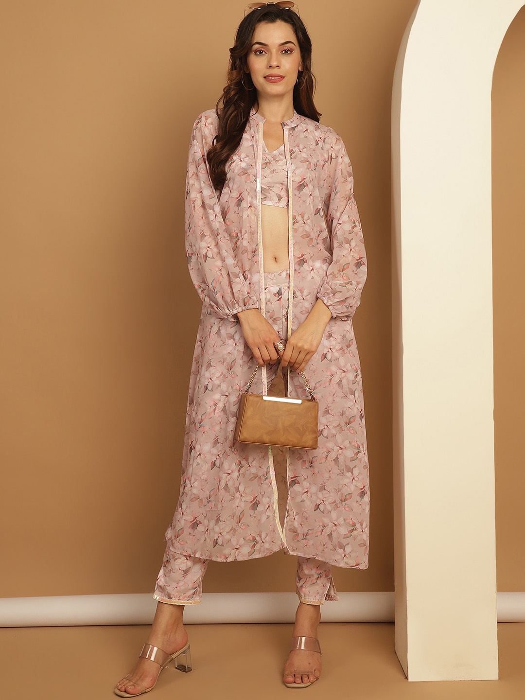 

Jompers Printed V-Neck Top & Trouser with Shrug, Peach