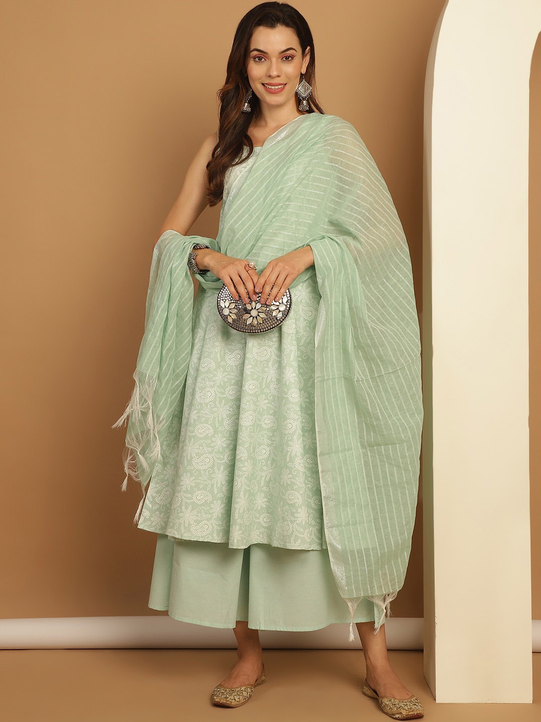 Jompers Paisley Printed Regular Round Neck Kurta with Palazzos & Dupatta, Green