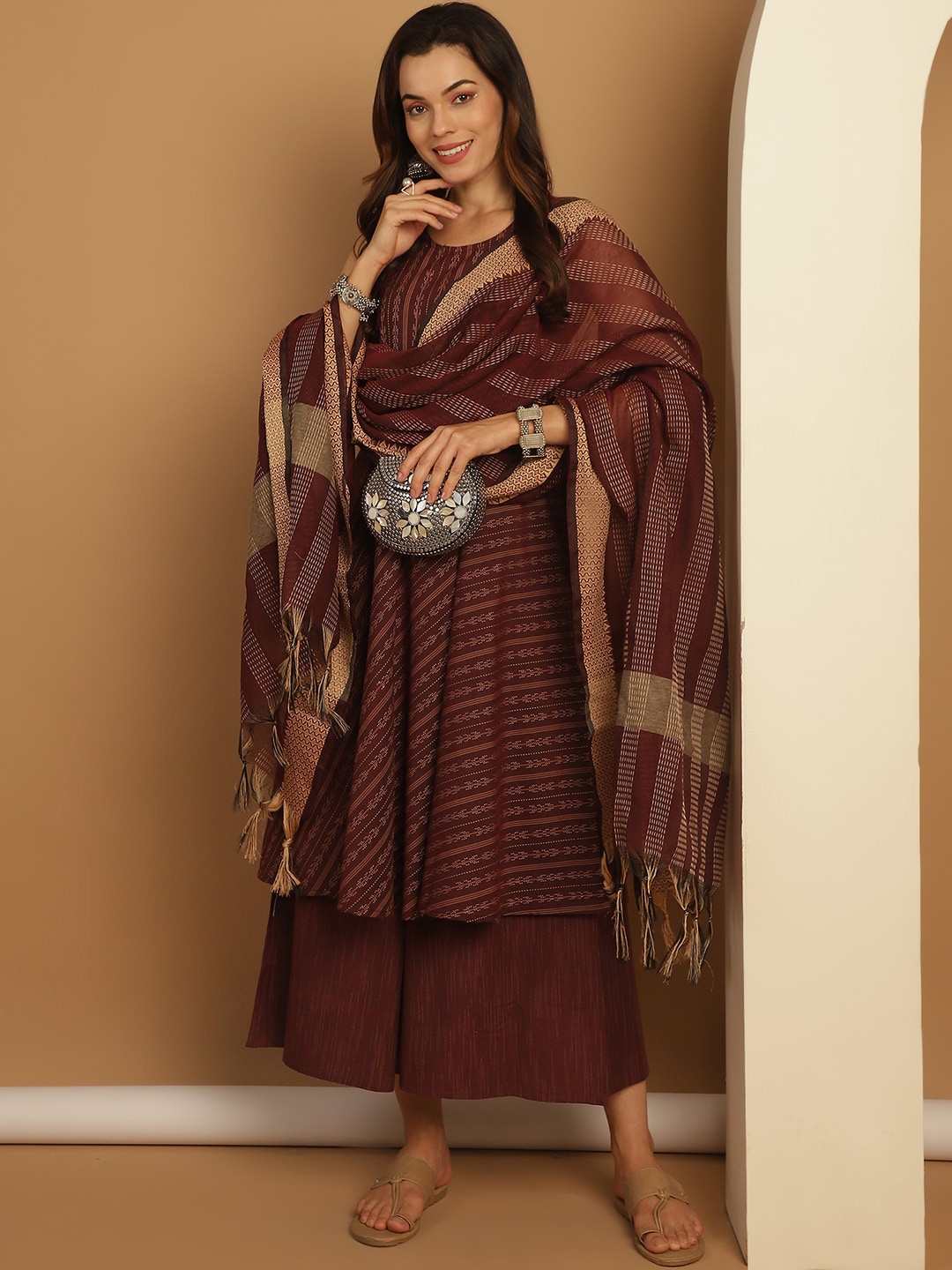 Jompers Geometric Printed Regular Kurta with Palazzos & Dupatta, Maroon