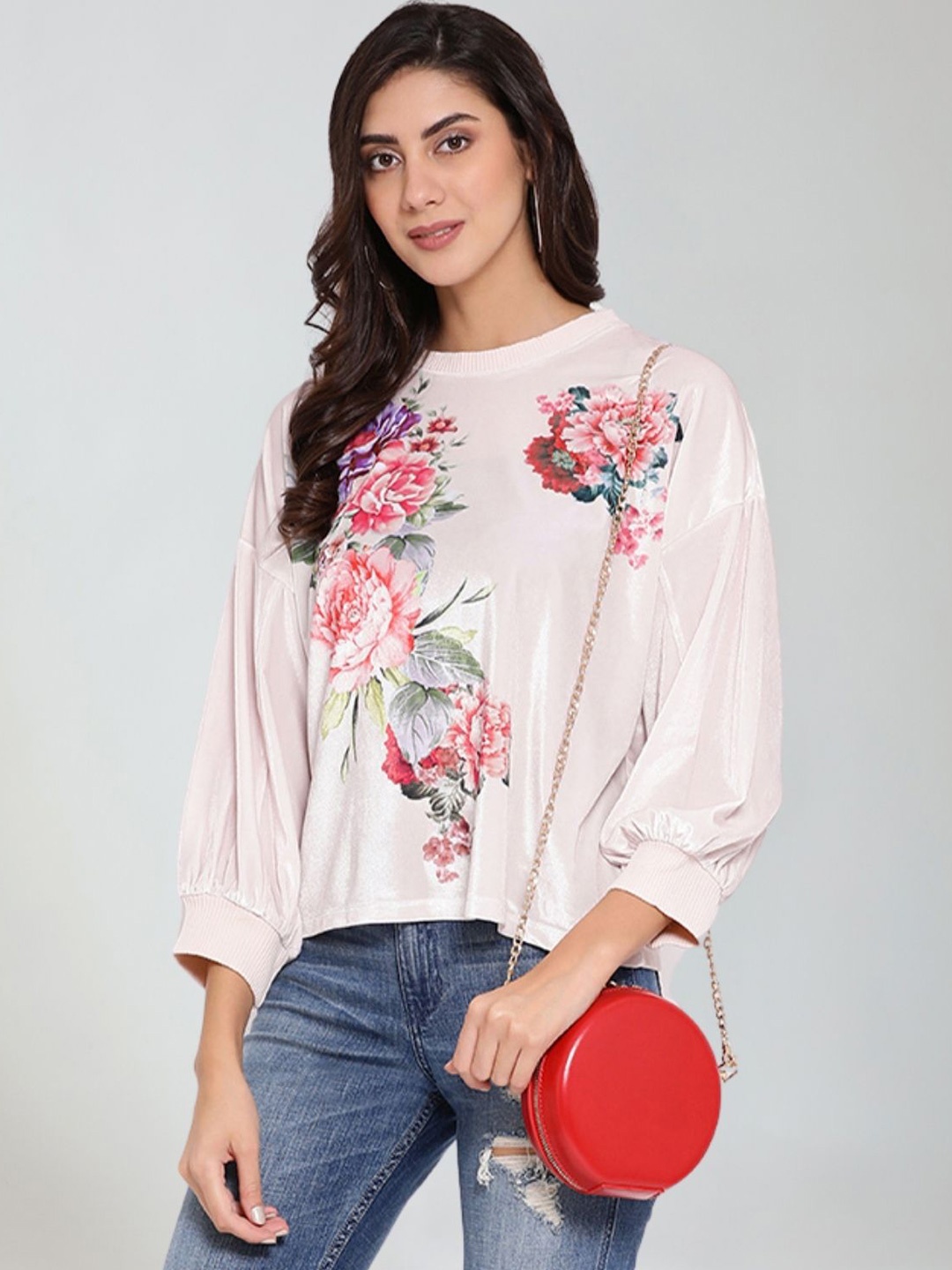 

Moda Elementi Round Neck Long Sleeves Floral Printed Top, Pink