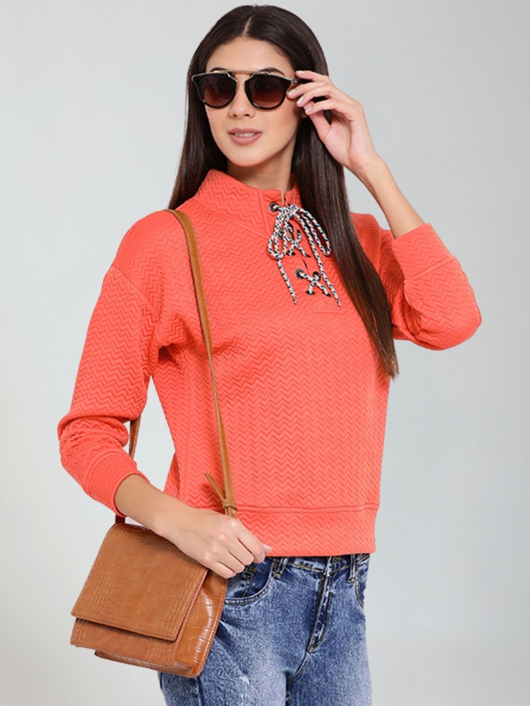 

Moda Elementi Mandarin Collar Long Sleeves Top, Coral