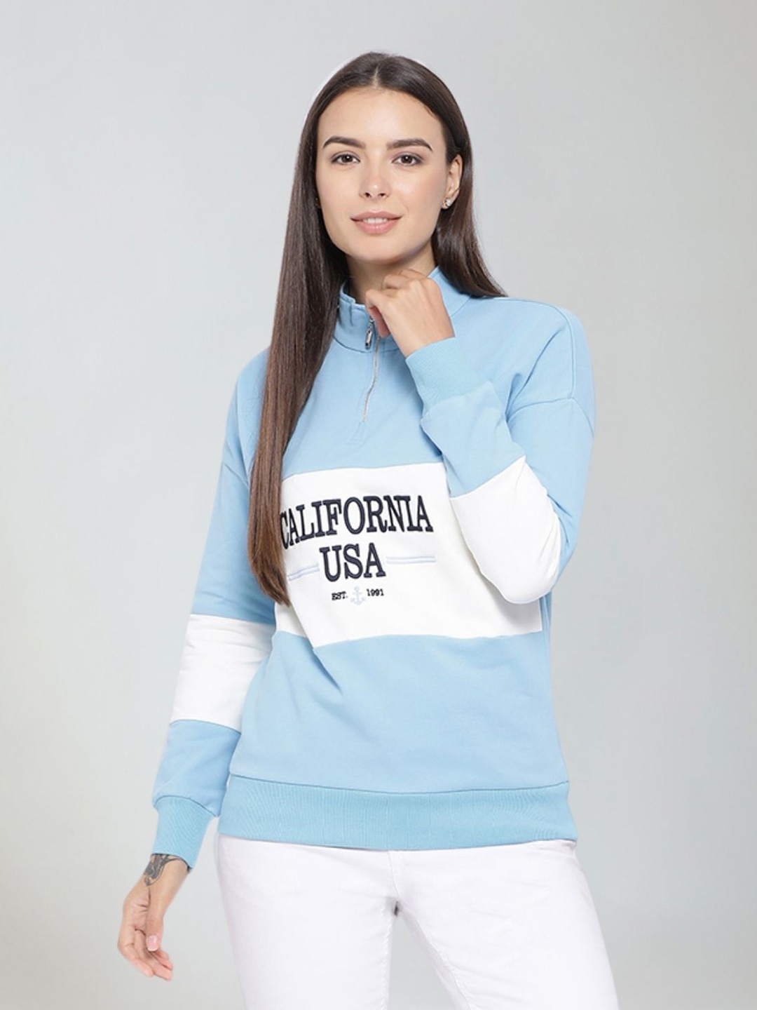 

Moda Elementi Colourblocked High Neck Long Sleeves Top, Blue