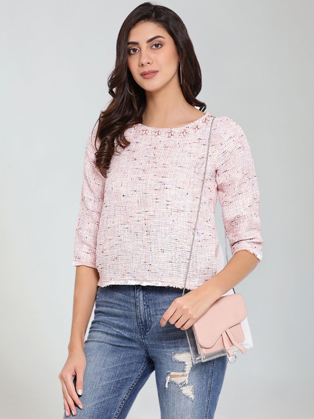 Moda Elementi Round Neck Floral Printed Top, Pink