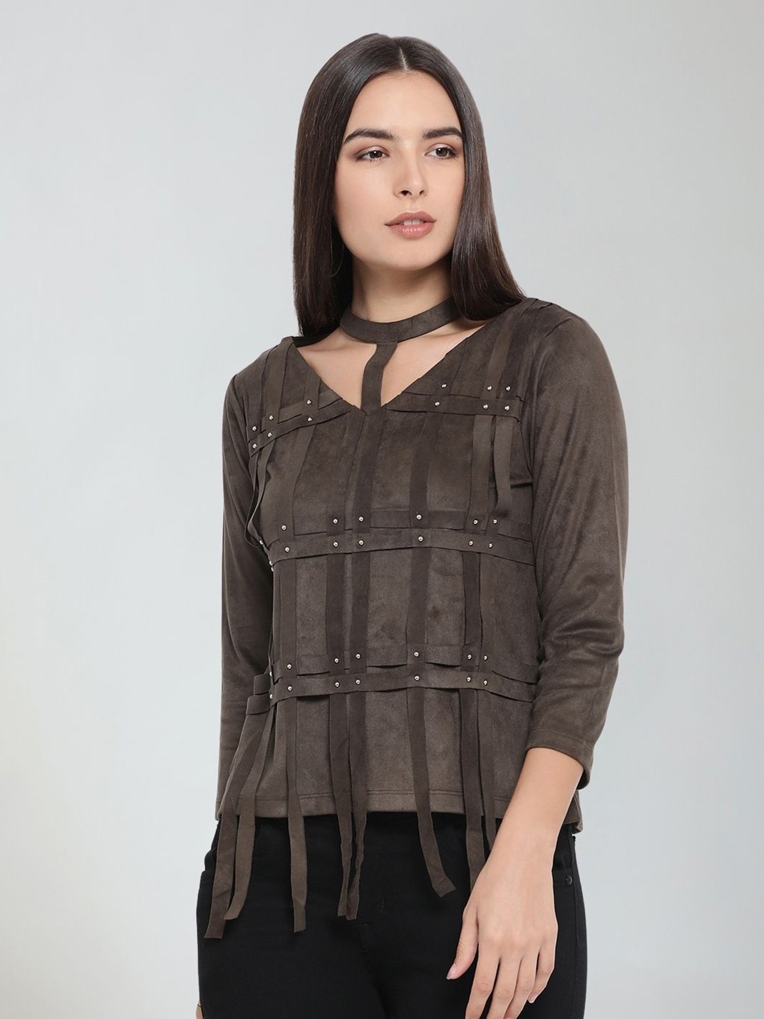 Moda Elementi V Neck Long Sleeves Top, Olive
