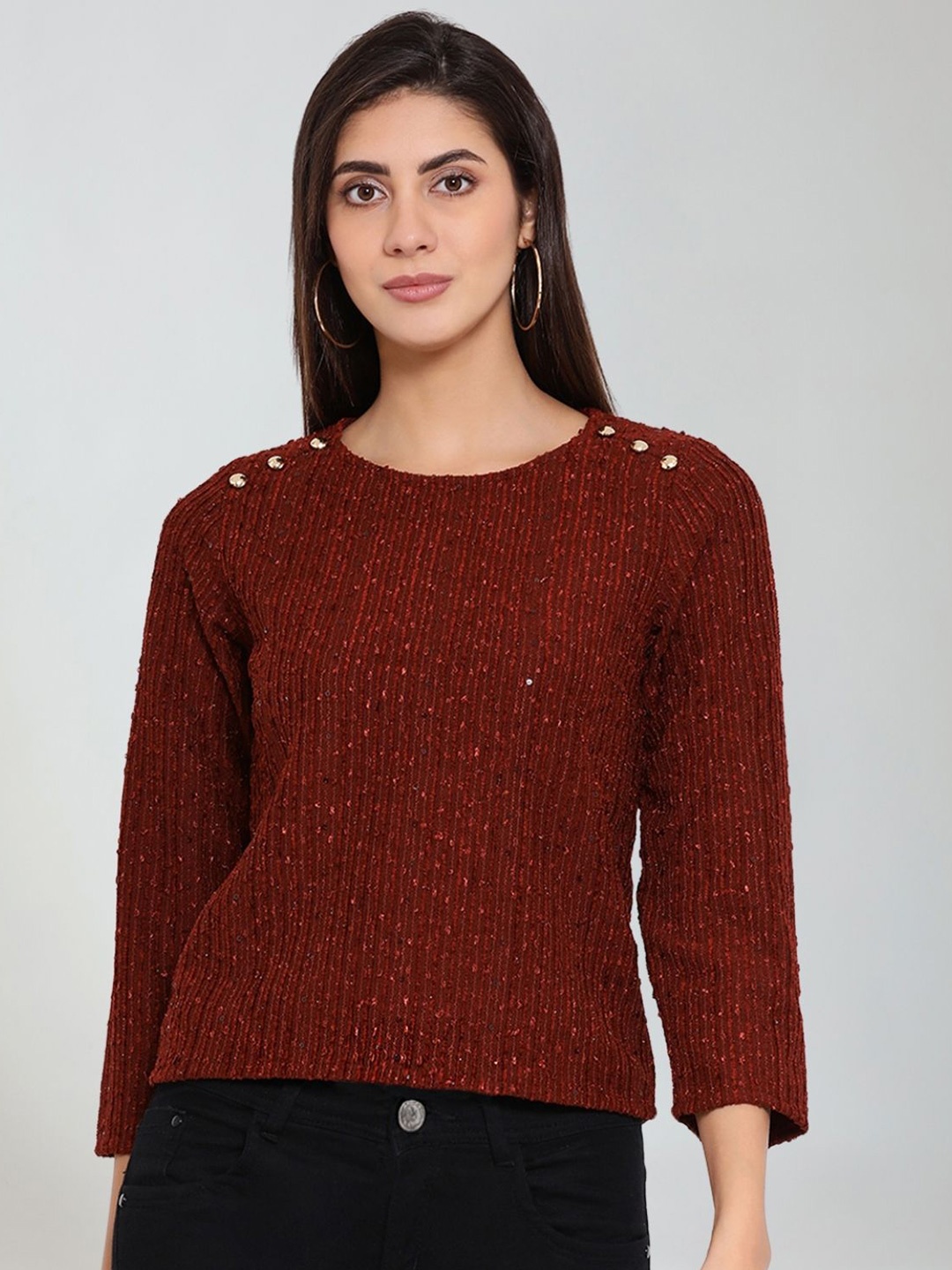 

Moda Elementi Round Neck Long Sleeves Top, Maroon