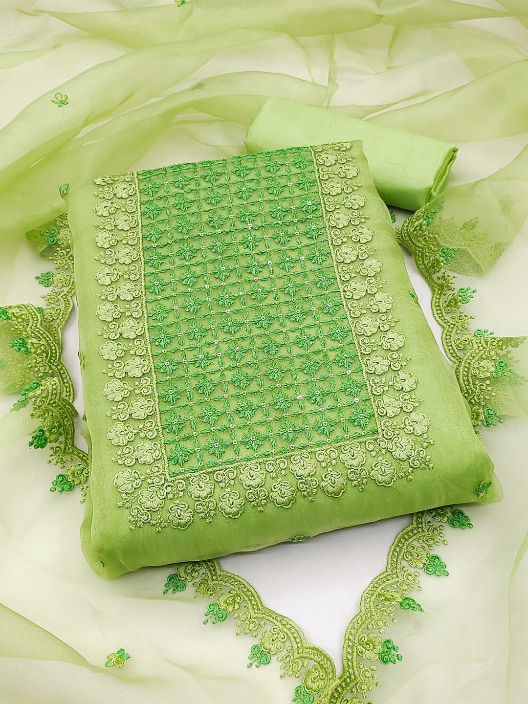

KALINI Floral Embroidered Organza Unstitched Dress Material, Green