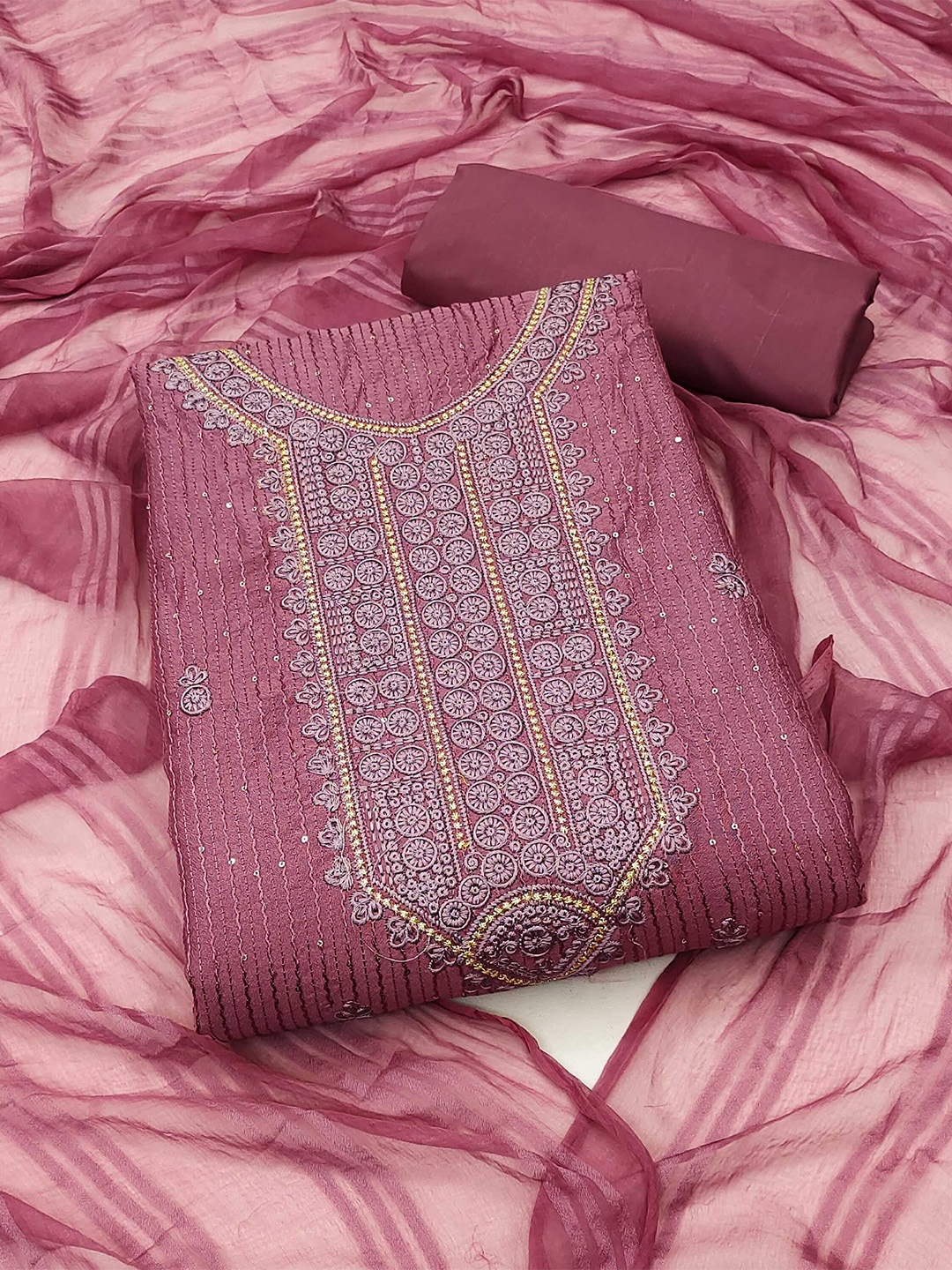 KALINI Floral Embroidered Unstitched Dress Material, Pink