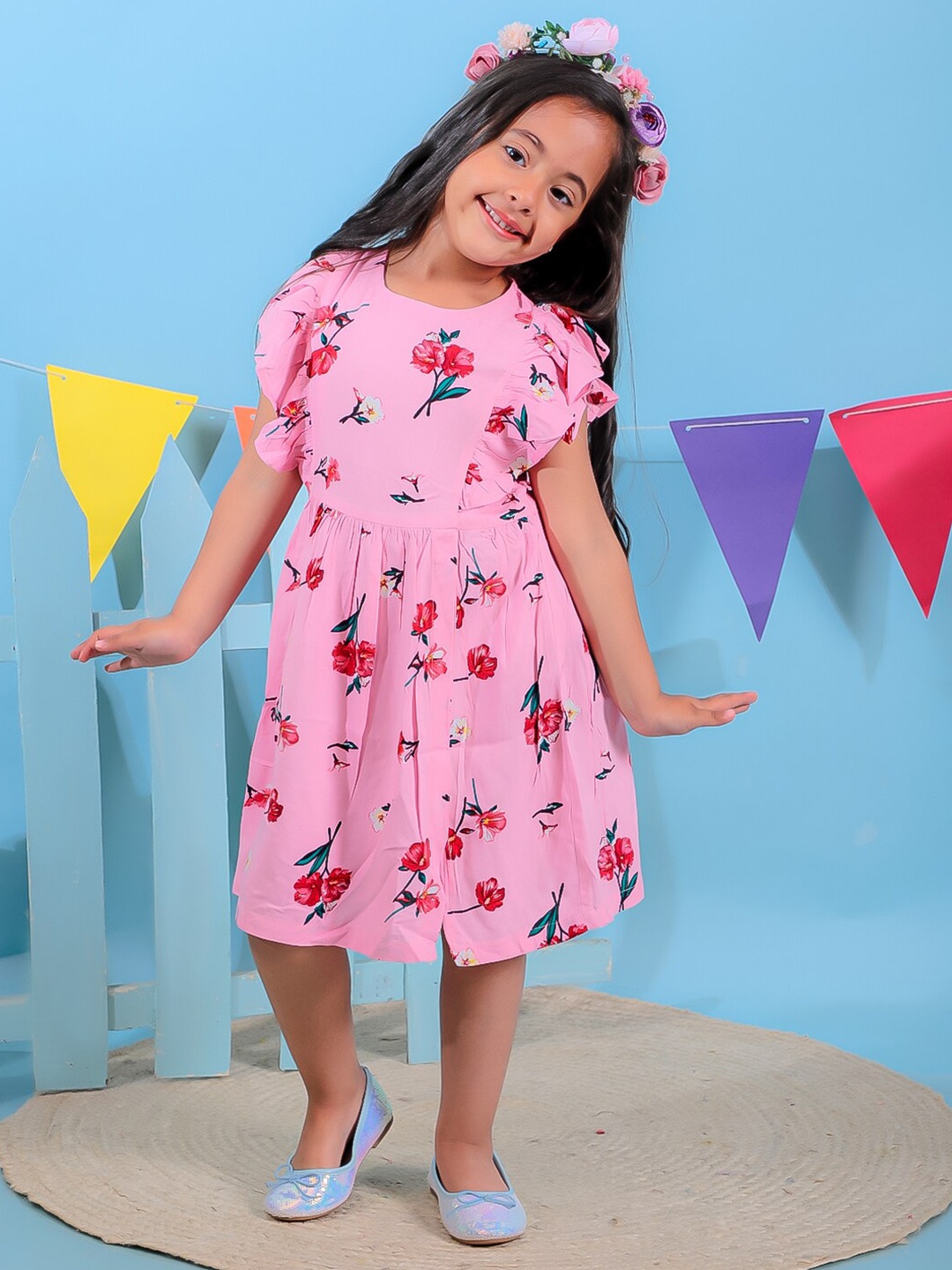 

Stuffie Land Girls Floral Printed Flutter Sleeve Fit & Flare Dress, Pink