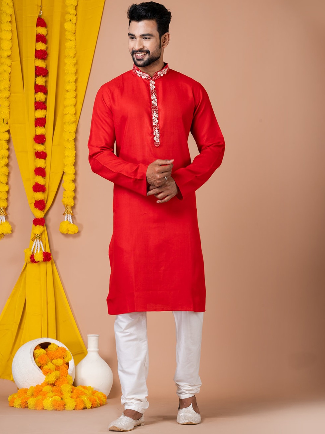 

HU - Handcrafted Uniquely Thread Work Cotton Straight Kurta, Red