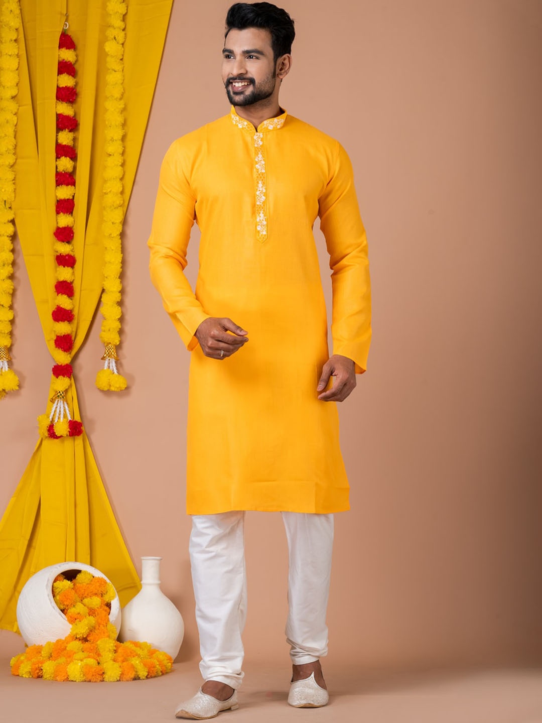 

HU - Handcrafted Uniquely Thread Work Cotton Straight Kurta, Yellow