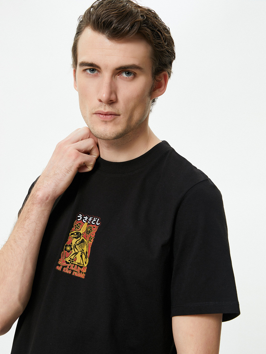 

Koton Graphic Printed Round Neck Pure Cotton T-shirt, Black