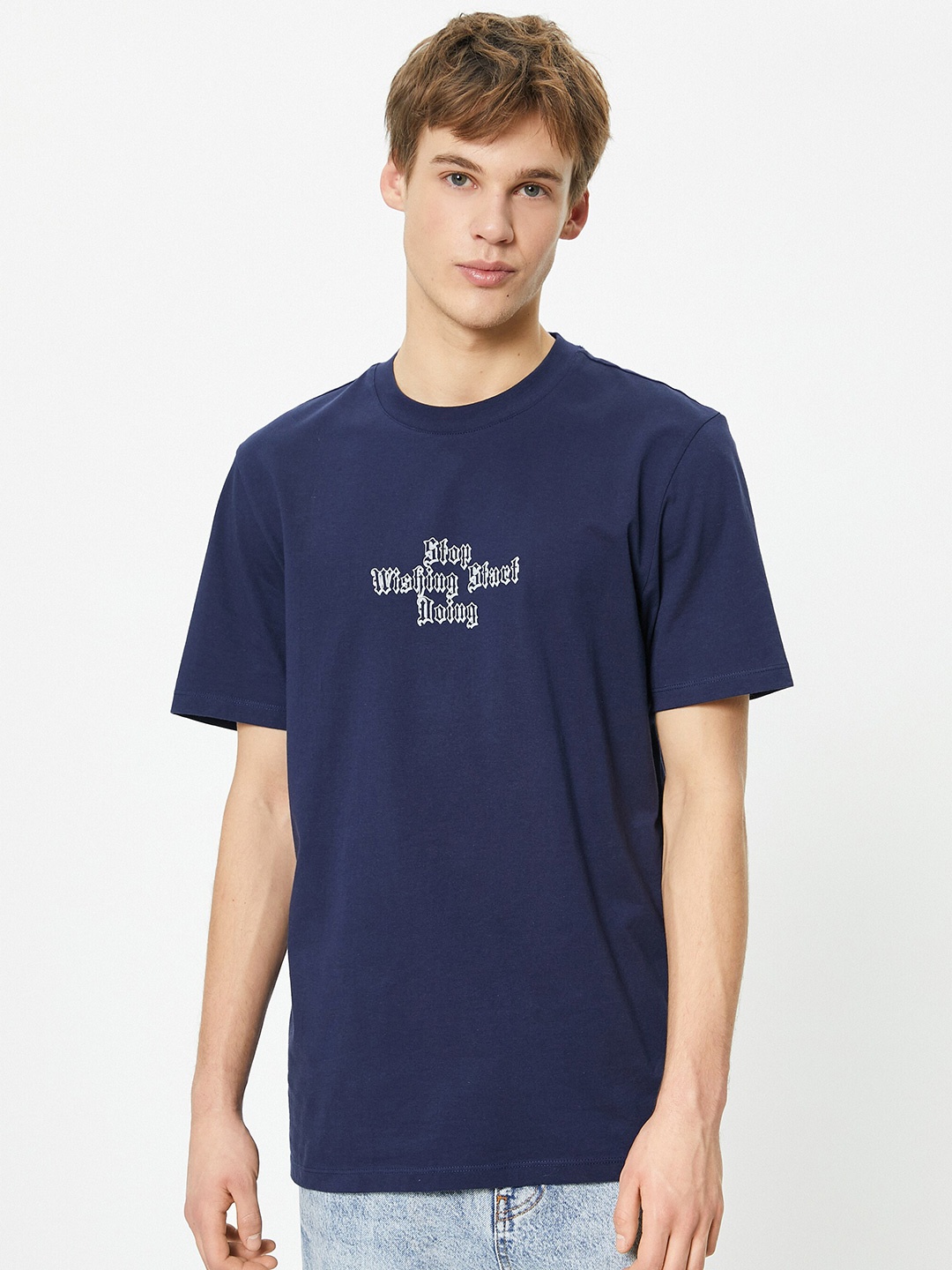 Koton Typography Printed Pure Cotton T-shirt, Navy blue