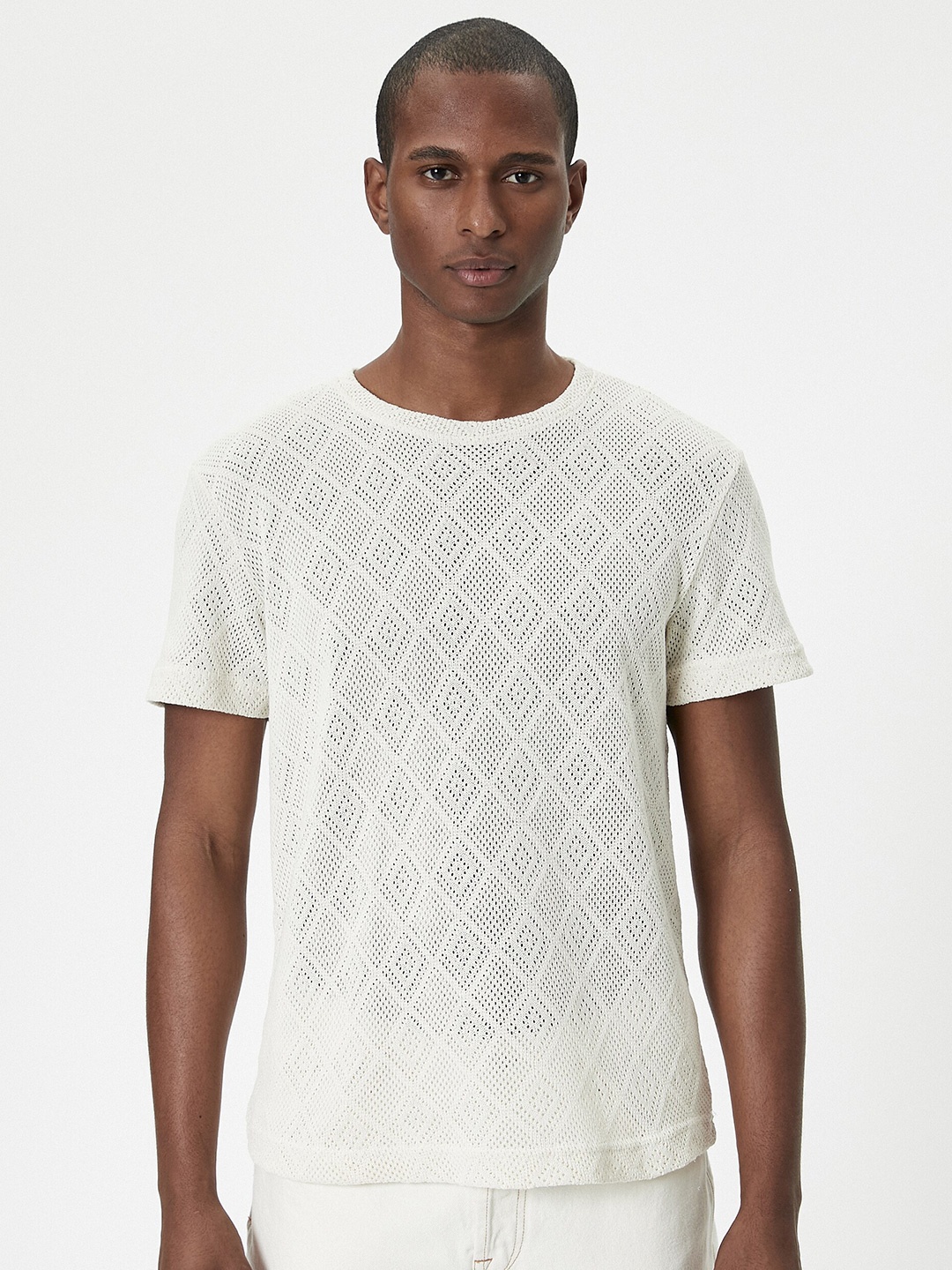 Koton Round Neck Short Sleeves Self Design Regular Fit T-shirt, Beige