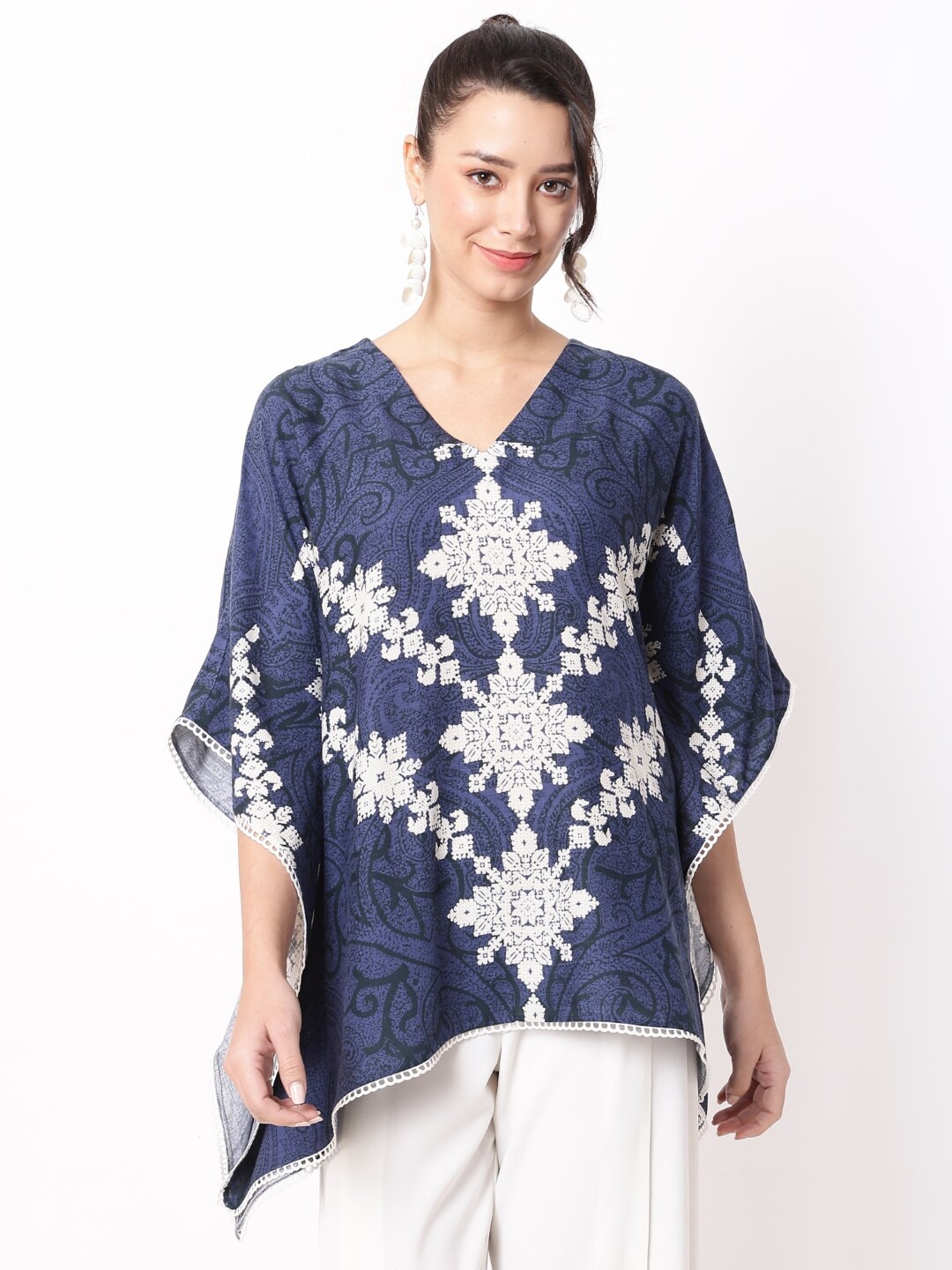 

Ranng Indigo Serenity Printed Kimono Sleeve Kaftan Top, Navy blue