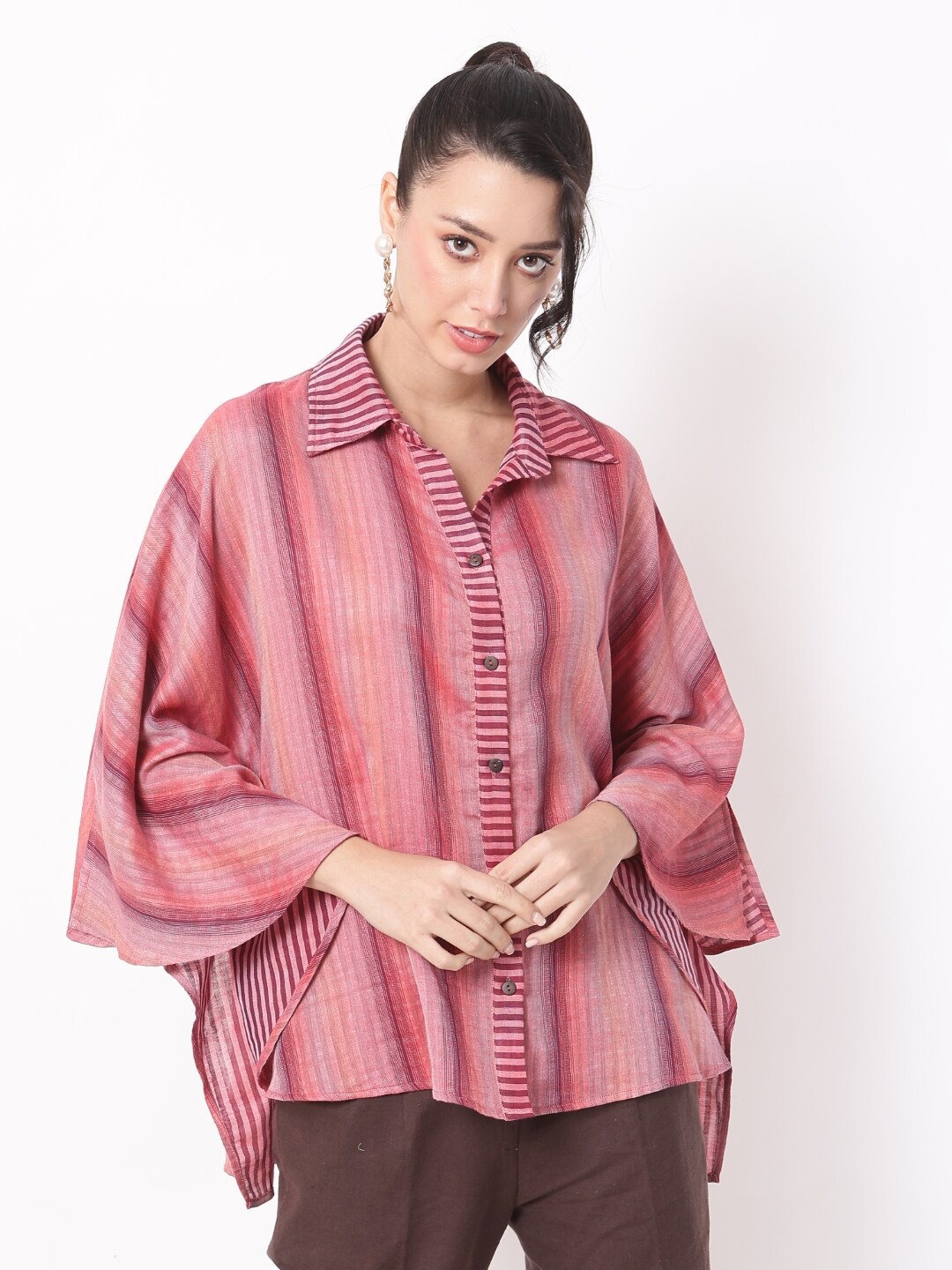 

Ranng Seabreeze Striped Kimono Sleeve Shirt Style Kaftan Top, Red