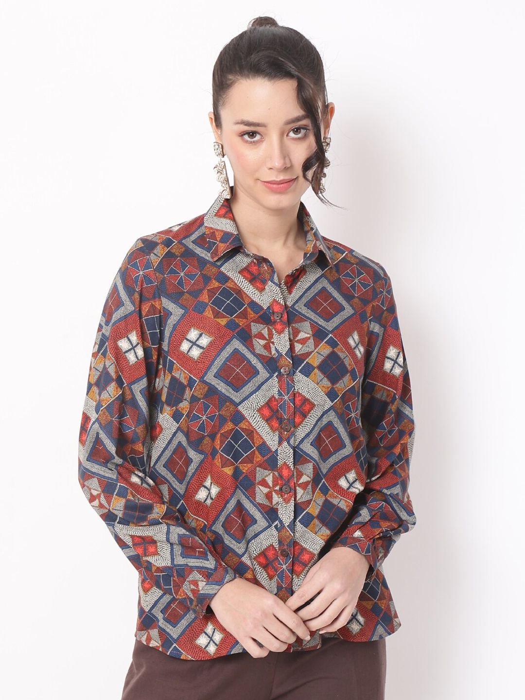Ranng Chic Embrace Abstract Printed Shirt Style Top & Bralette, Brown