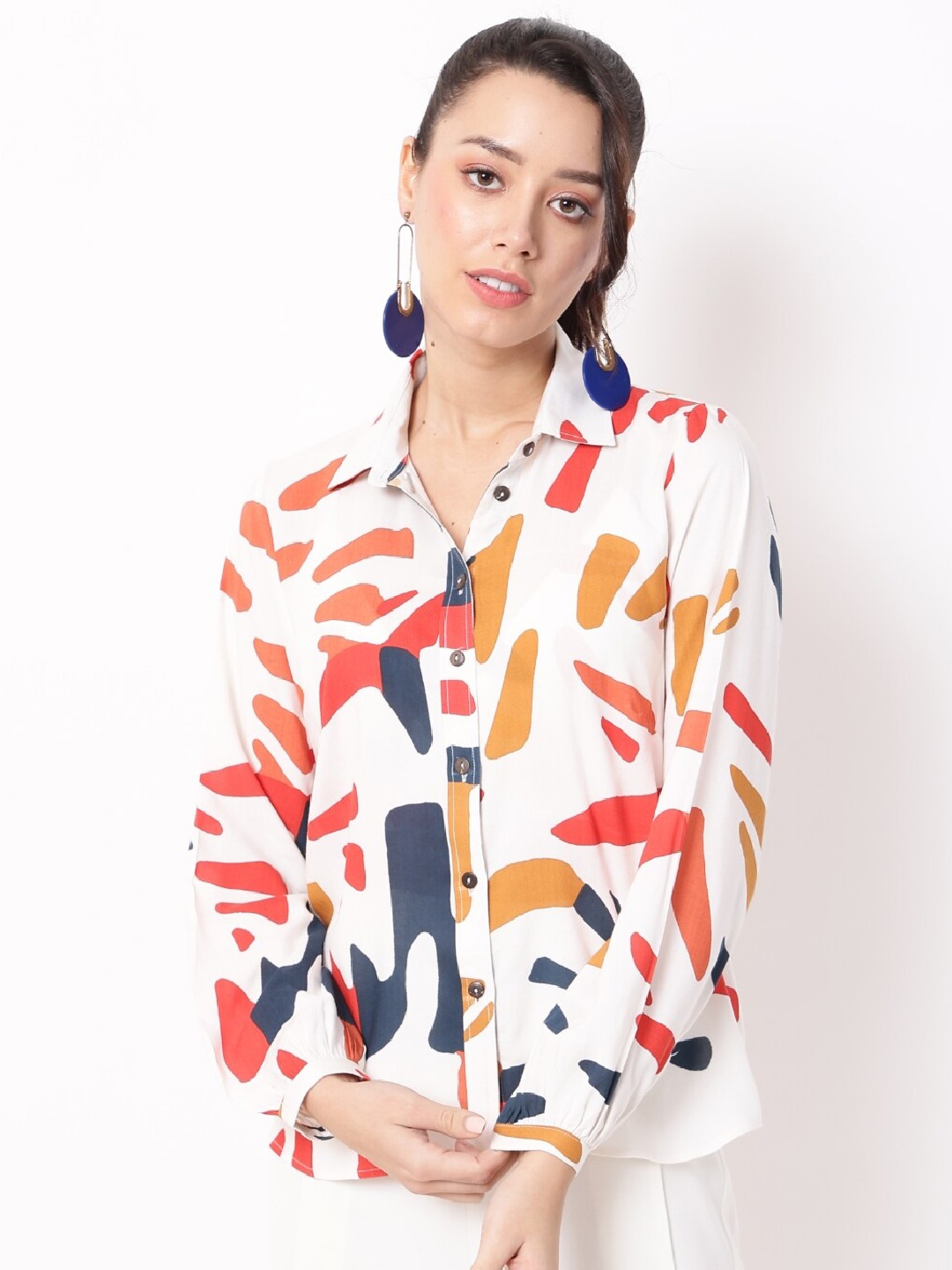 

Ranng Chic Embrace Abstract Printed Shirt Style Top & Bralette, White