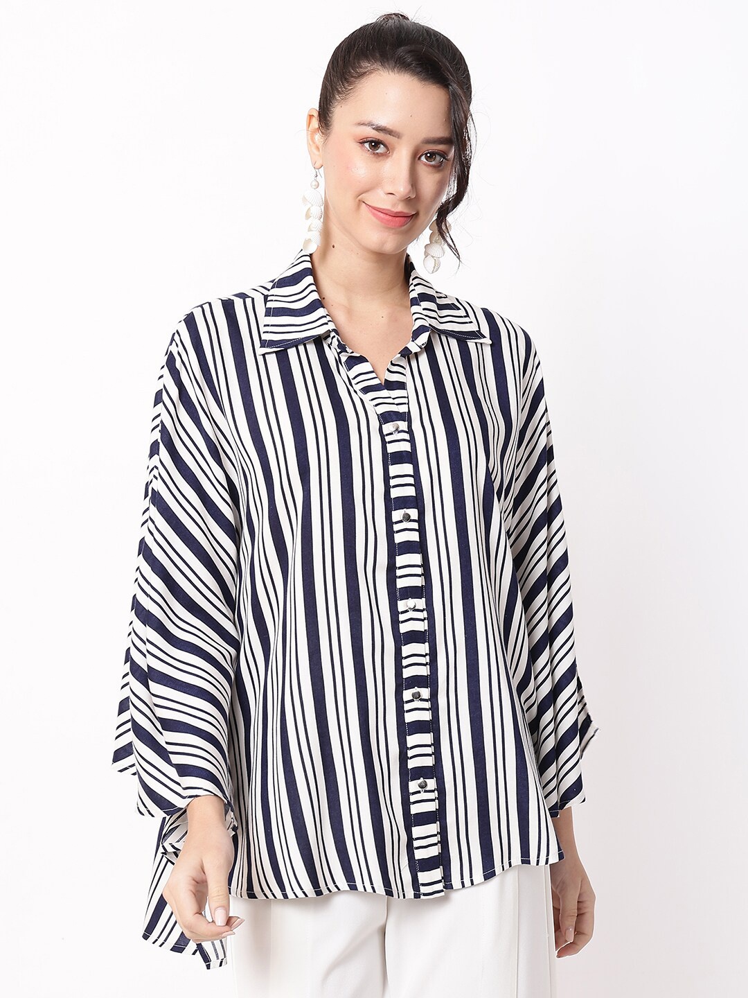 

Ranng Seabreeze Vertical Striped Kaftan Shirt Style Top, White