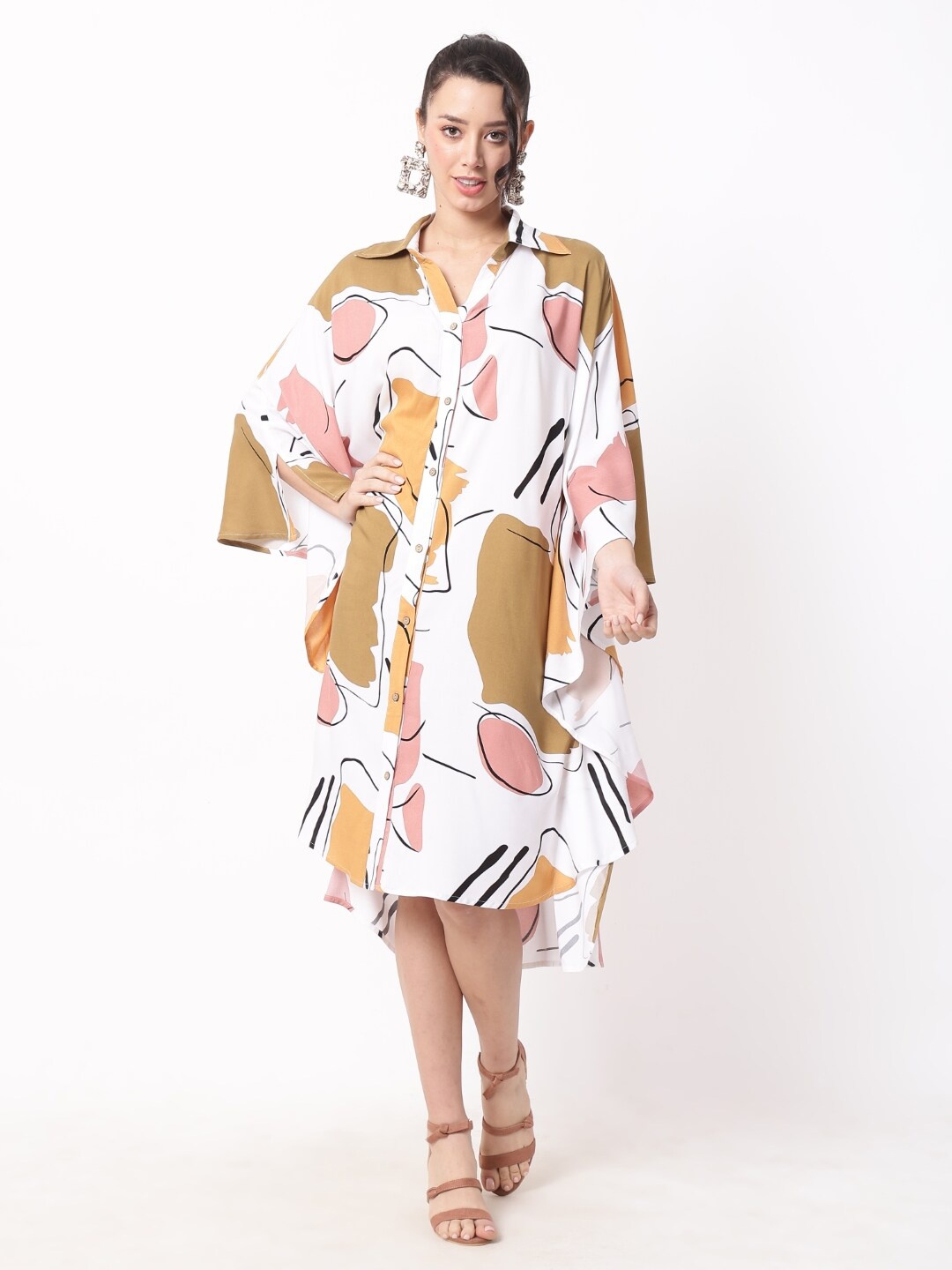 

Ranng Abstract Print Cold-Shoulder Shirt Midi Kaftan Dress, White