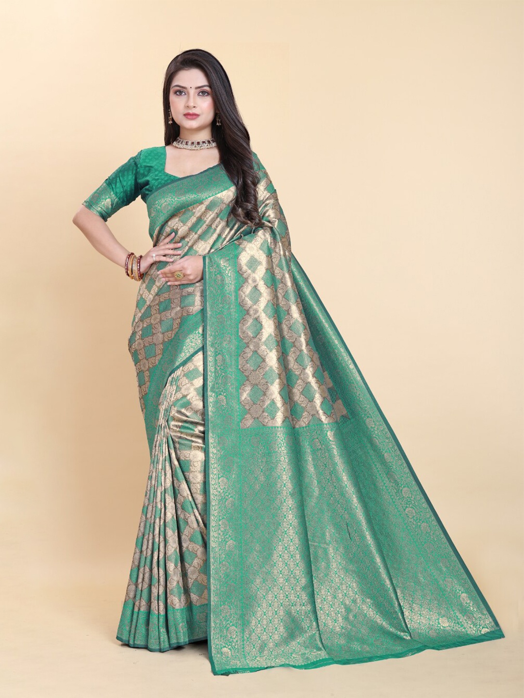 

SANJANA SILK Floral Woven Design Zari Pure Silk Kanjeevaram Saree, Sea green